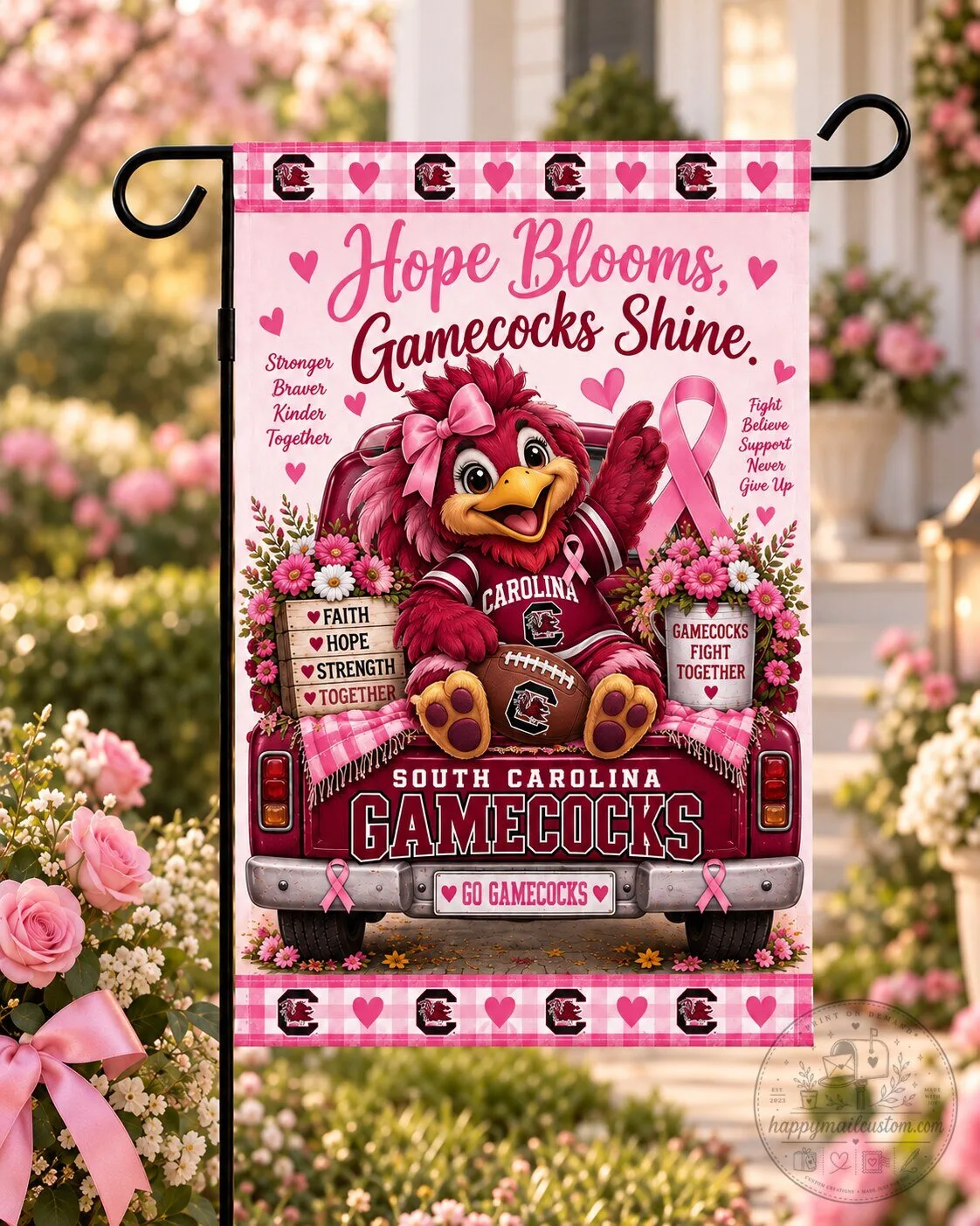 South Carolina Gamecocks Breast Cancer Awareness Hope Blooms Garden Flag