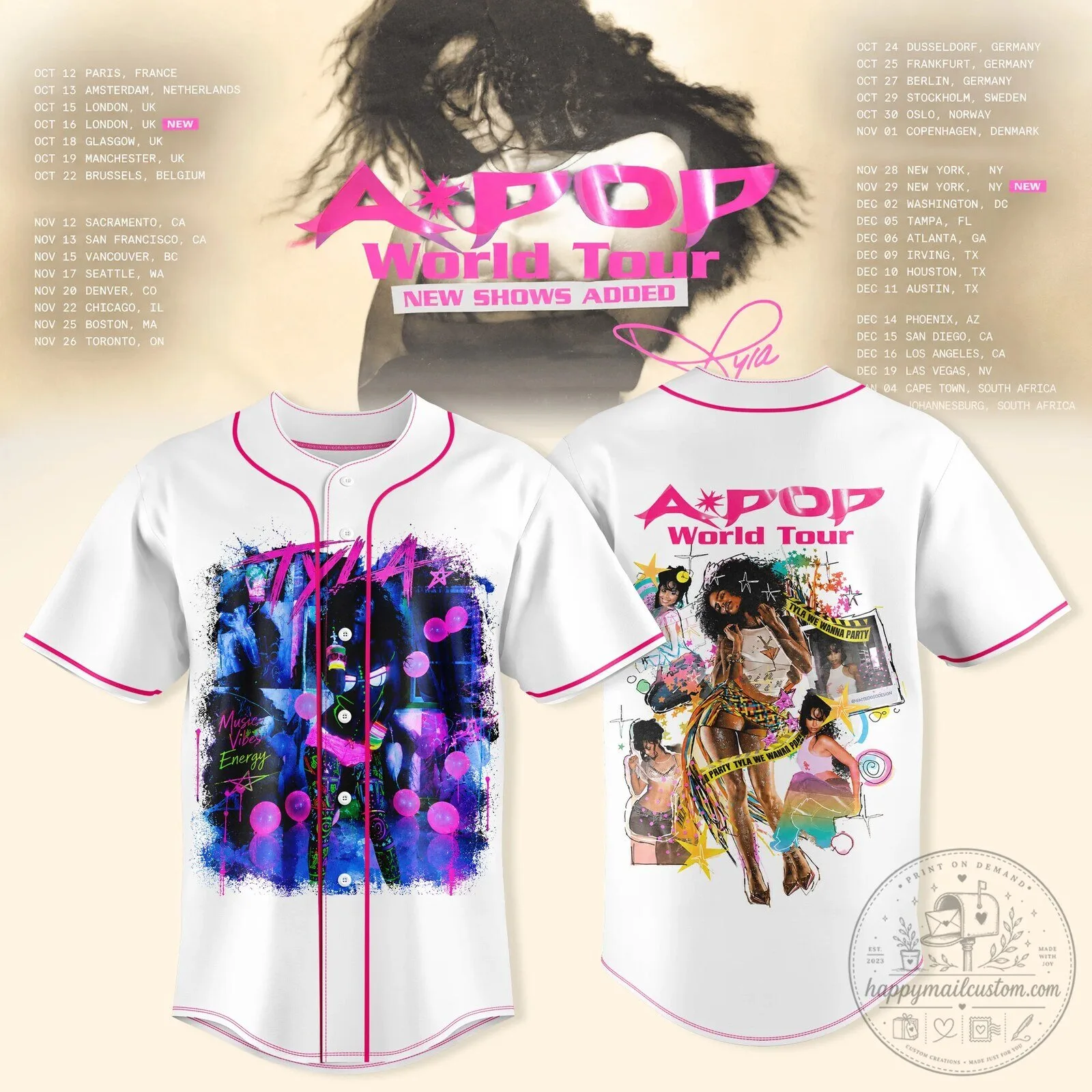 Tyla APOP World Tour Music Vibe Energy Baseball Jersey