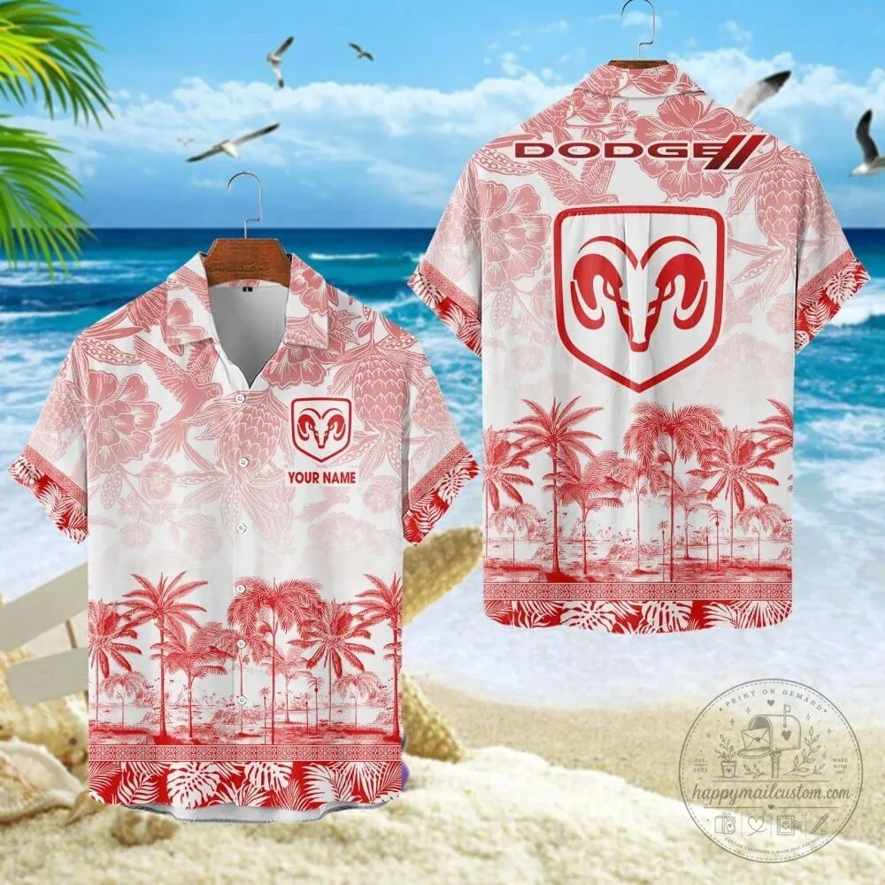 Dodge Ram Logo Custom Name Tropical Palm Trees Hawaiian Shirt