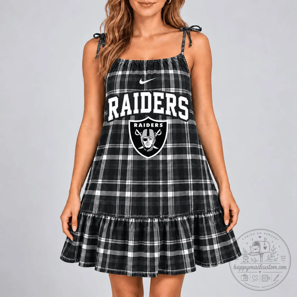 Las Vegas Raiders Plaid Tie-Strap Ruffle Hem Dress for Women