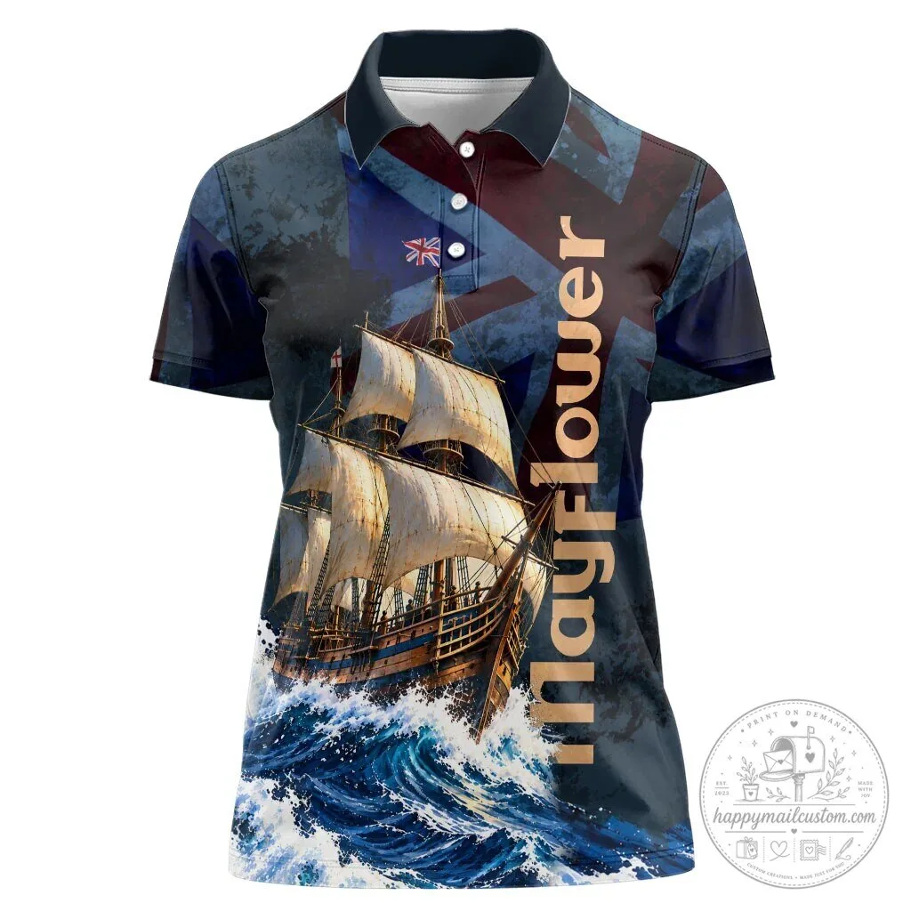 Mayflower 1620 Ship Vintage Nautical Ocean Waves Art Polo Shirt