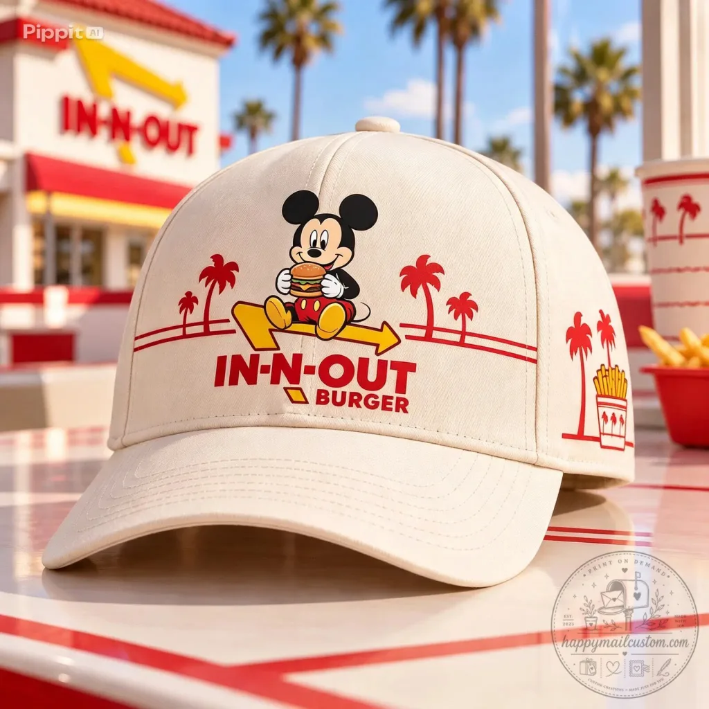 In-N-Out Burger Mickey Mouse Palm Trees Graphic Print Baseball Cap Hat In-N-Out Burger Mickey Mouse Palm Trees Graphic Print Baseball Cap Hat
