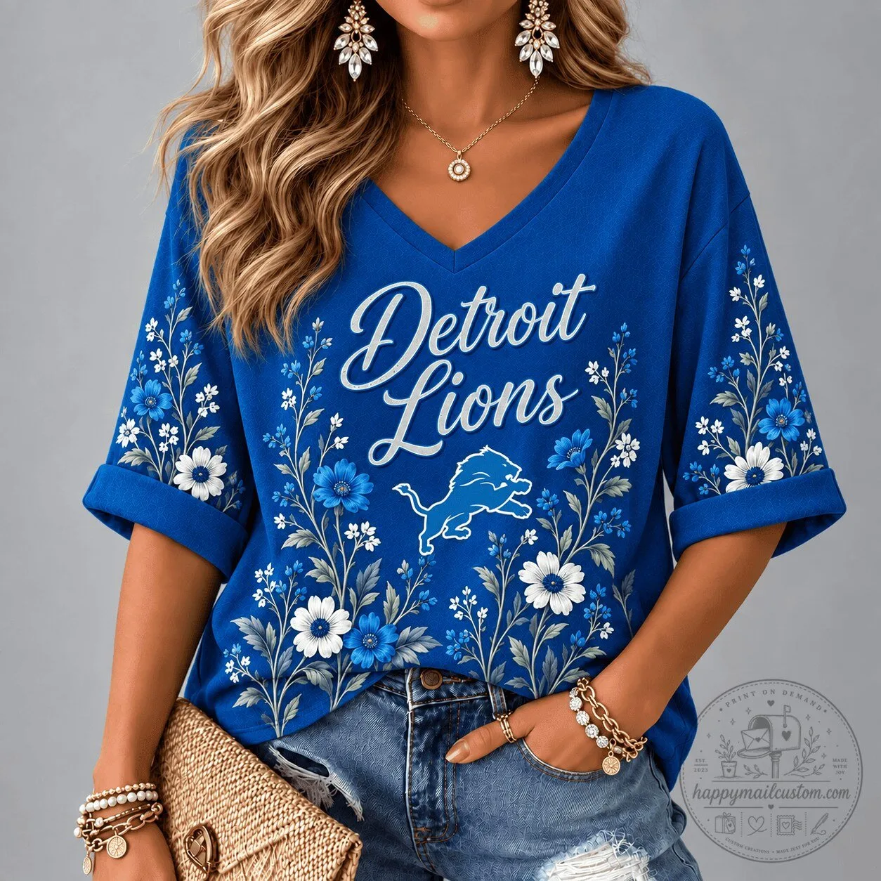 Detroit Lions Floral Garden V-Neck T-Shirt for Women 13 Detroit Lions Floral Garden V-Neck T-Shirt for Women