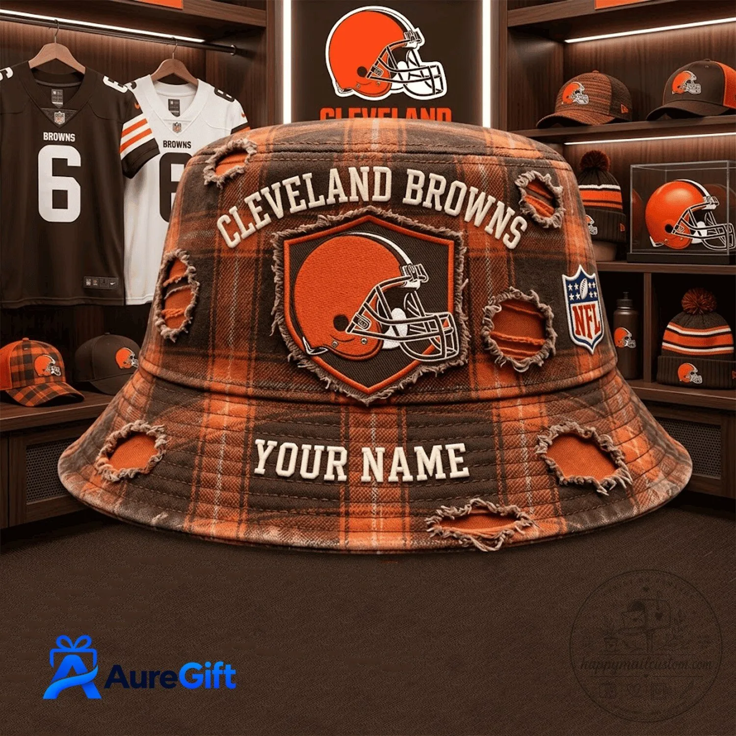 Personalized Cleveland Browns Distressed Plaid NFL Football Bucket Hat