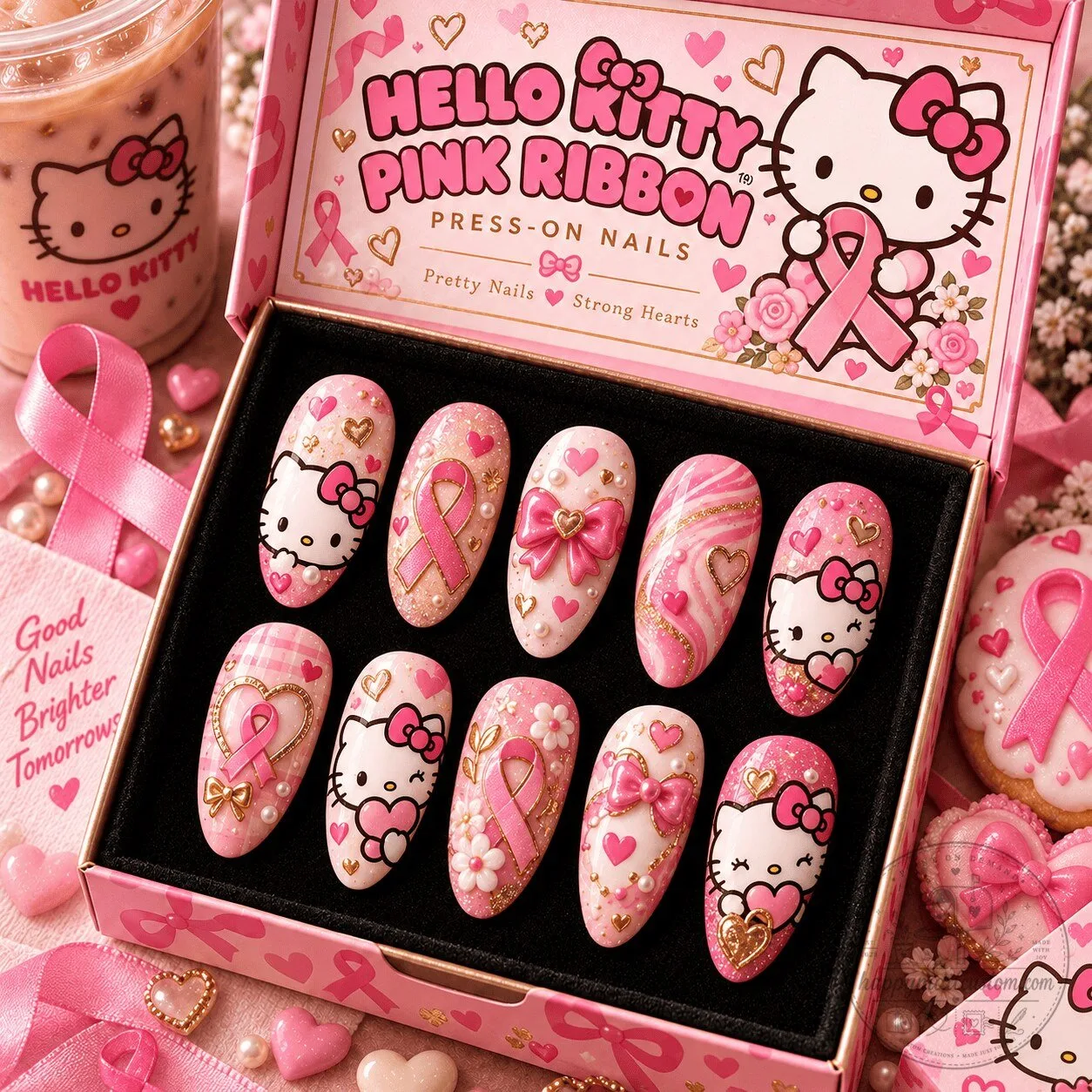 Hello Kitty Pink Ribbon Breast Cancer Awareness Press-On Nails Set