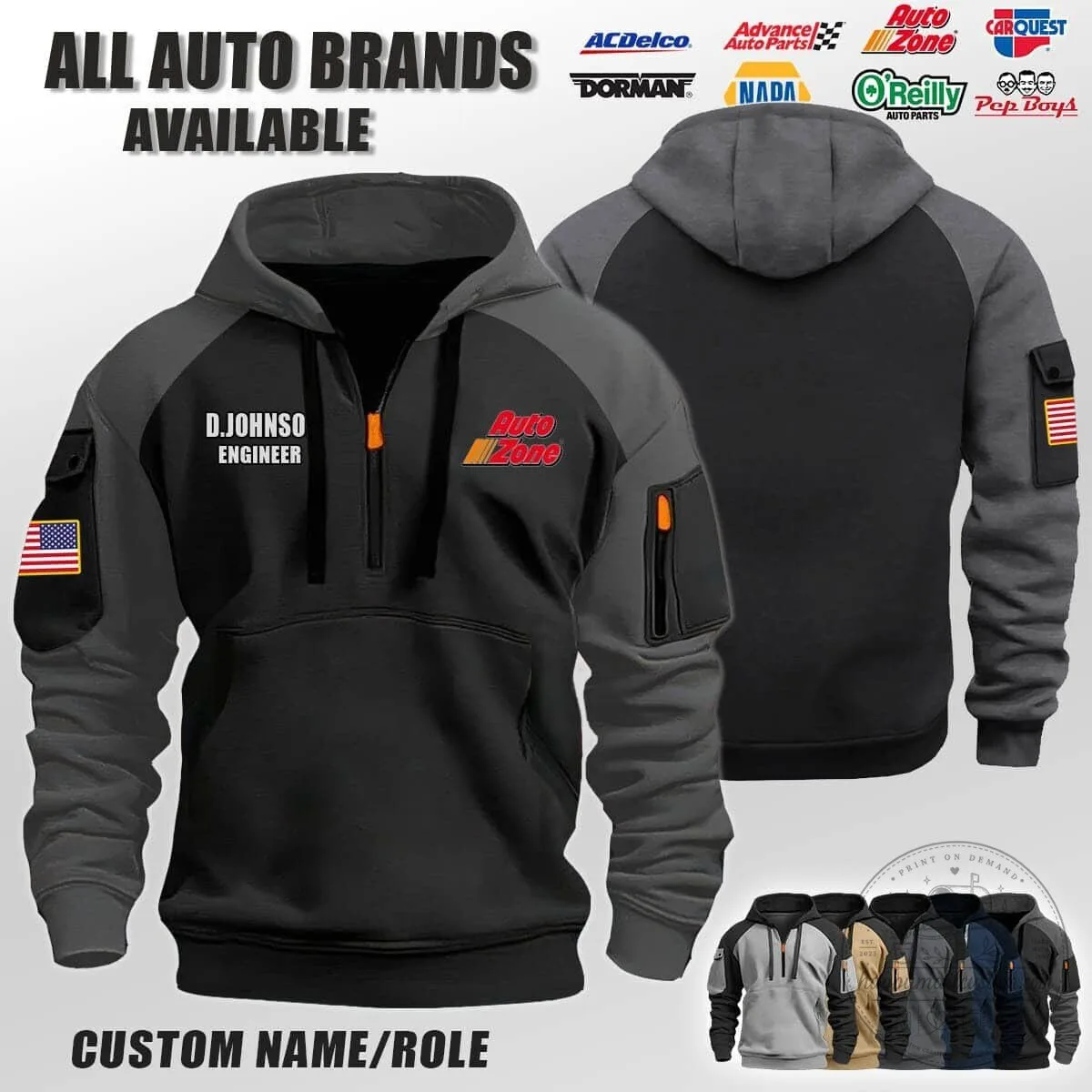AutoZone Engineer Half-Zip Hoodie with Custom Name and American Flag Patch