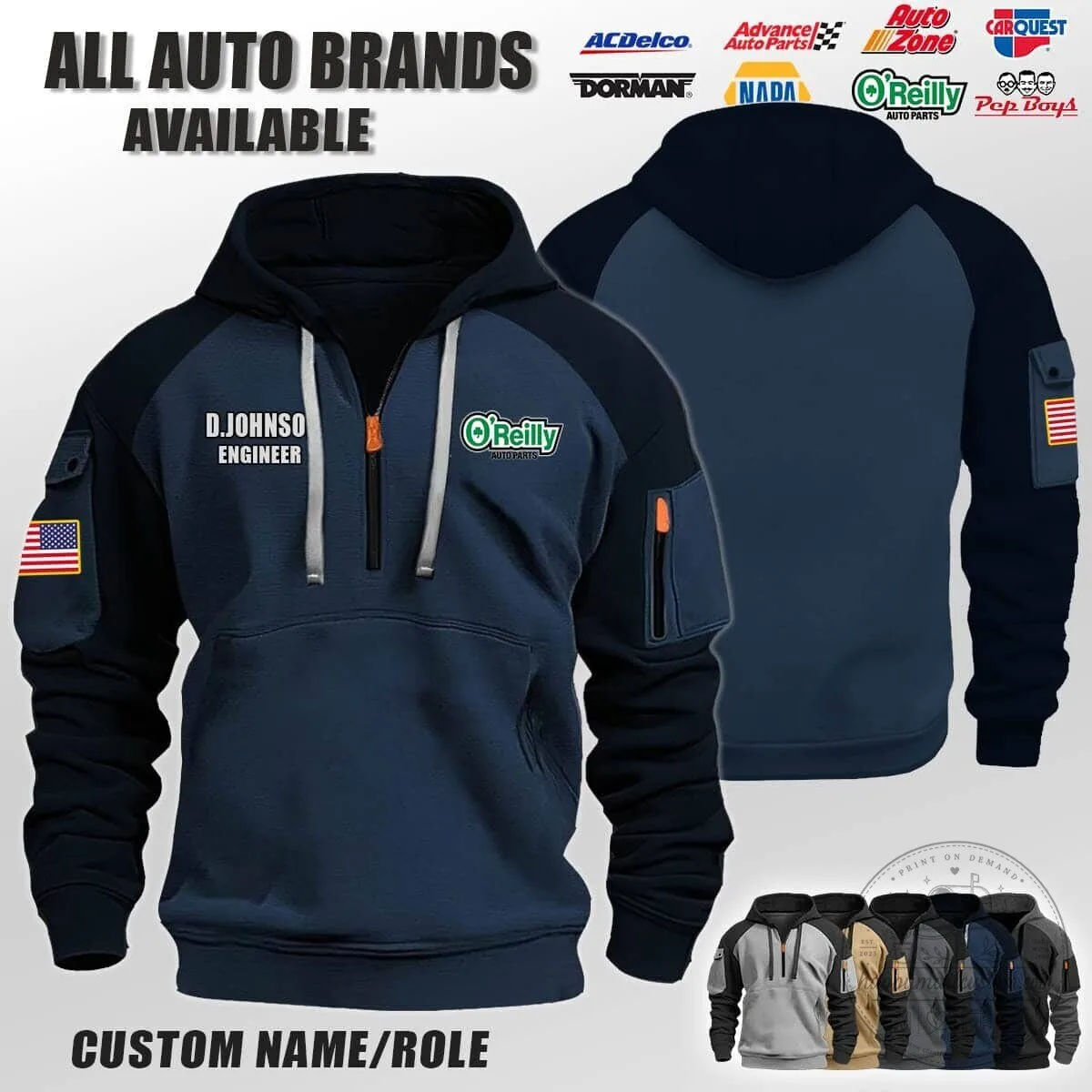 AutoZone Engineer Half-Zip Hoodie with Custom Name and American Flag Patch 10 AutoZone Engineer Half-Zip Hoodie with Custom Name and American Flag Patch