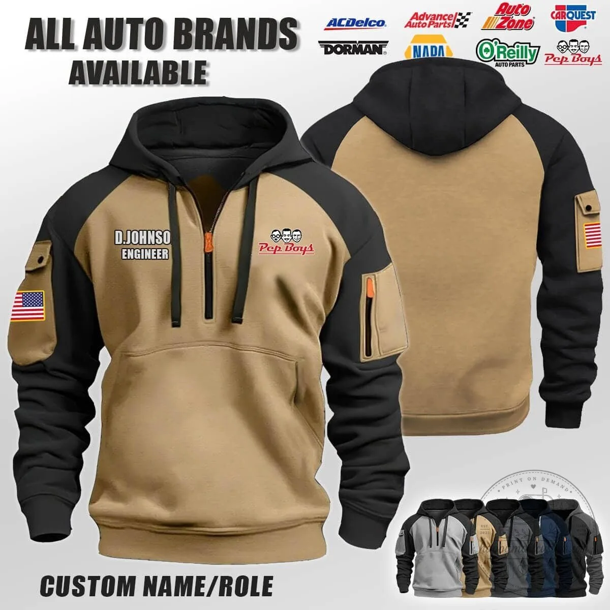AutoZone Engineer Half-Zip Hoodie with Custom Name and American Flag Patch 11 AutoZone Engineer Half-Zip Hoodie with Custom Name and American Flag Patch