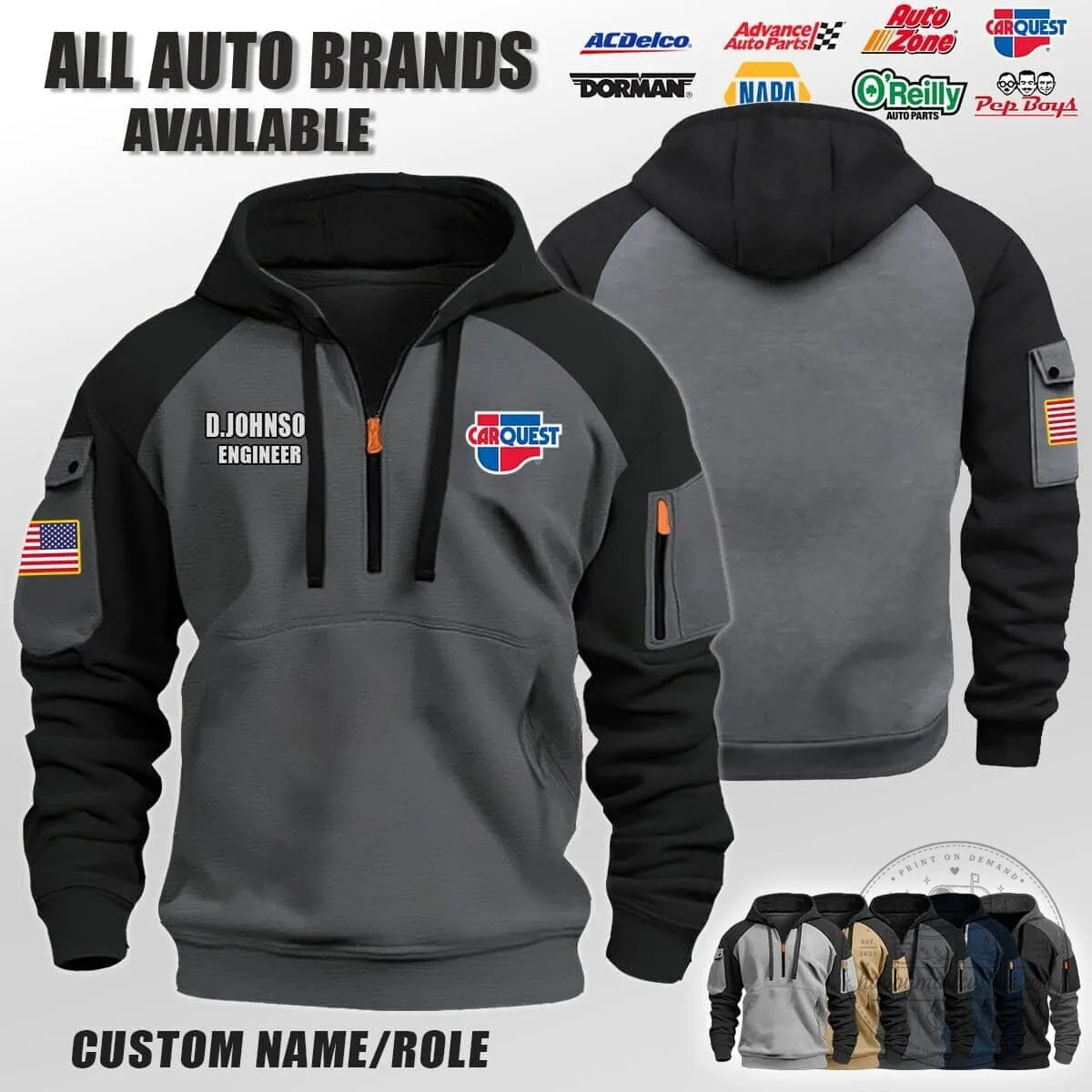 AutoZone Engineer Half-Zip Hoodie with Custom Name and American Flag Patch 12 AutoZone Engineer Half-Zip Hoodie with Custom Name and American Flag Patch