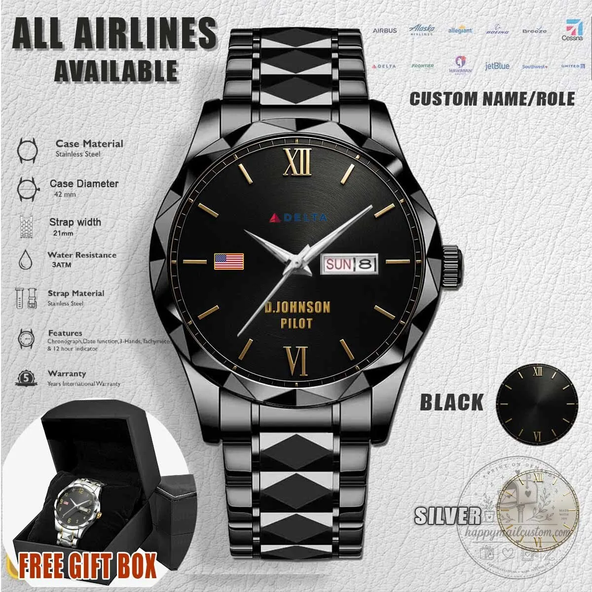 Delta Air Lines Pilot Stainless Steel Men's Watch