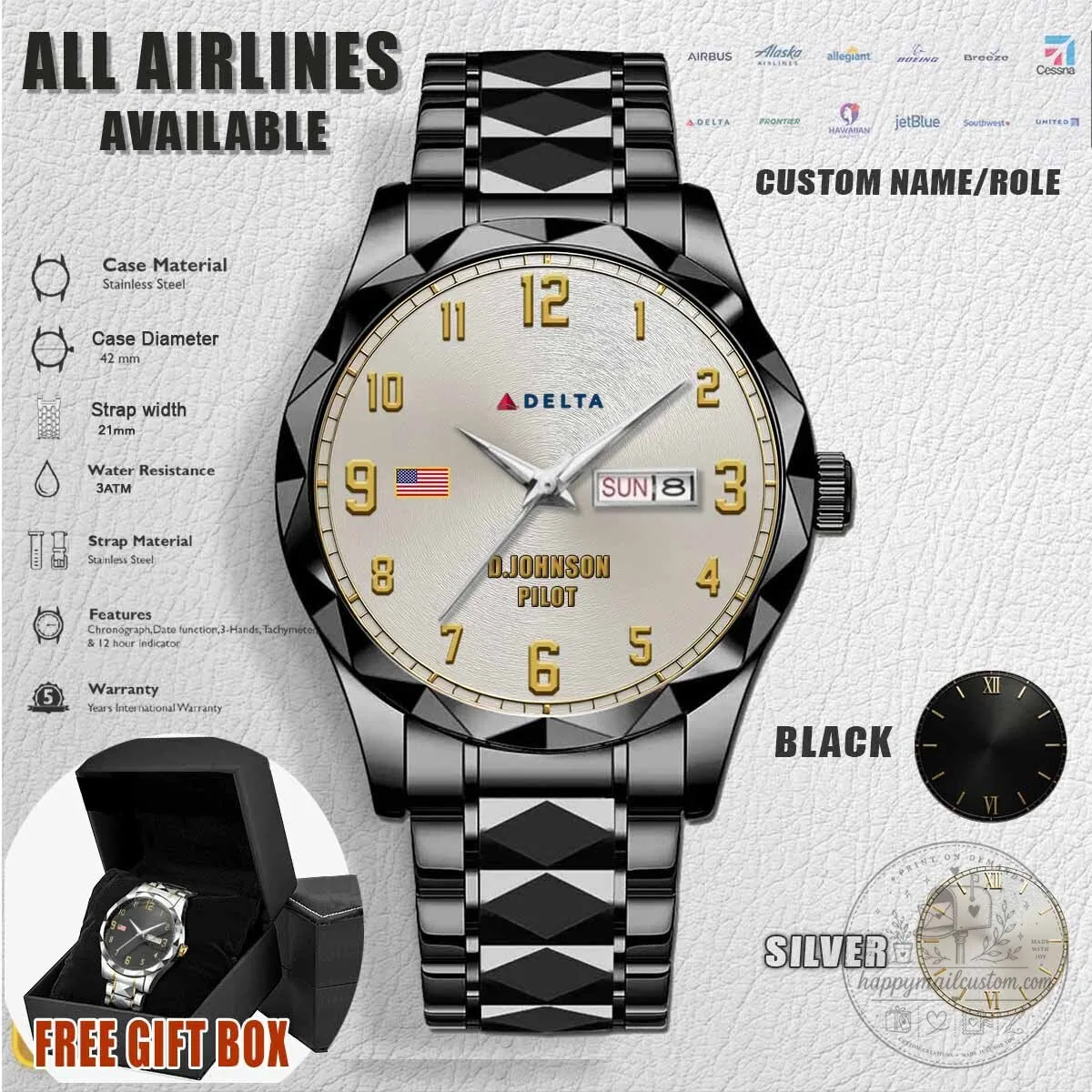 Delta Air Lines Pilot Stainless Steel Men's Watch 6 Delta Air Lines Pilot Stainless Steel Men