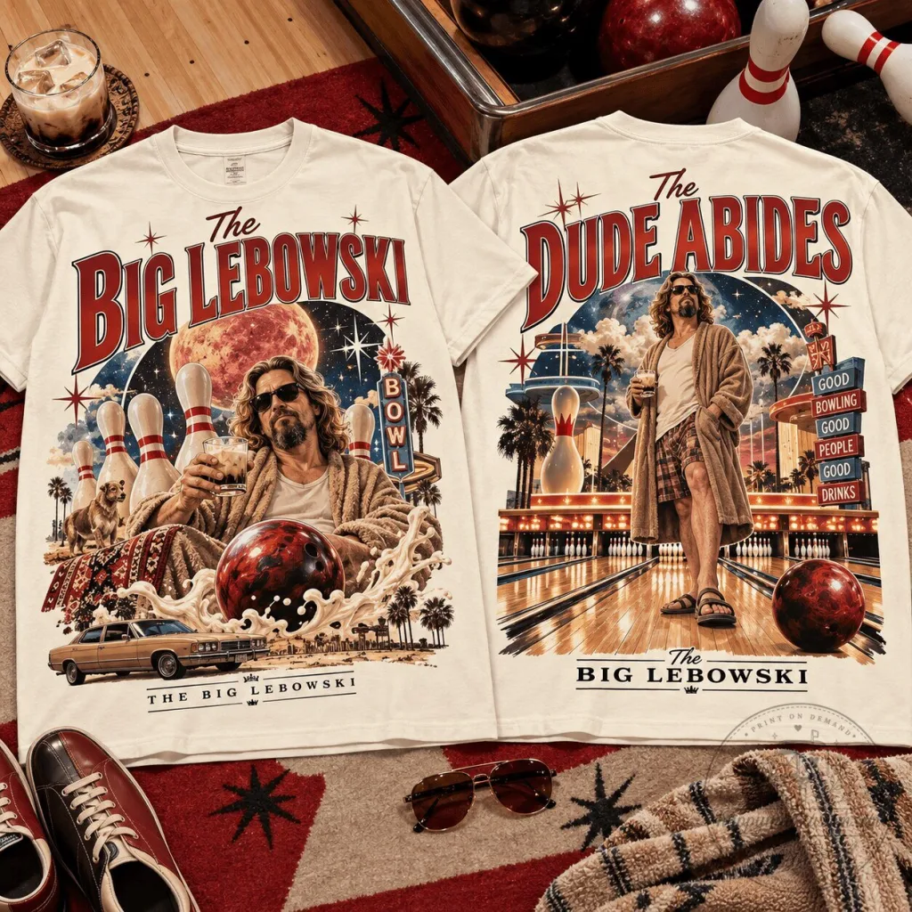 The Big Lebowski The Dude Abides Vintage Bowling Movie Fan White T-Shirt The Big Lebowski The Dude Abides Vintage Bowling Movie Fan White T-Shirt