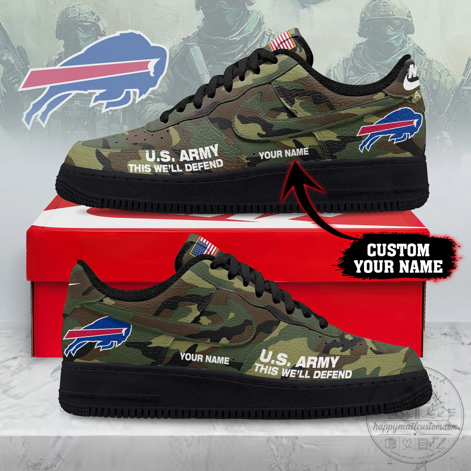 Buffalo Bills NFL US Army Camouflage Custom Name Air Force 1 Shoes