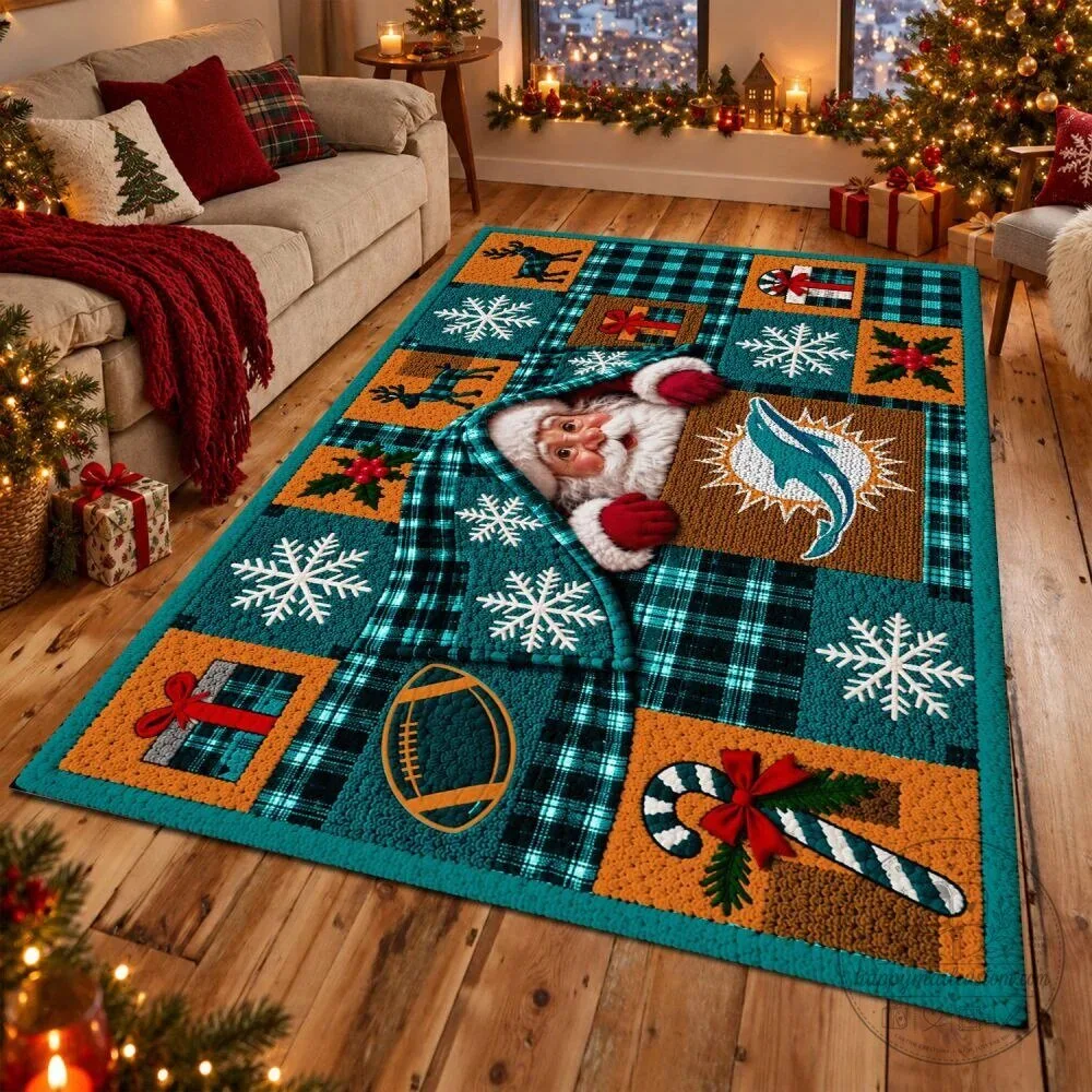 Miami Dolphins Christmas Santa Claus Holiday Football Area Rug