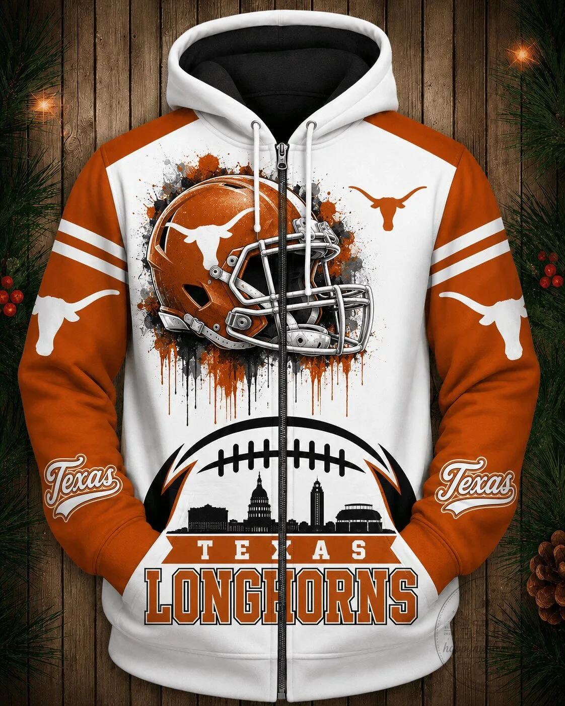 Texas Football Longhorns Team Helmet and Skyline Full Zip Hoodie