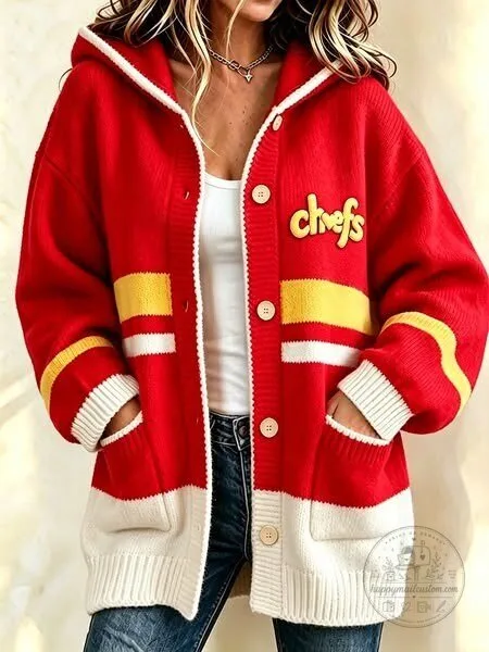 Kansas City Chiefs Red and Gold Striped Hooded Cardigan Jacket