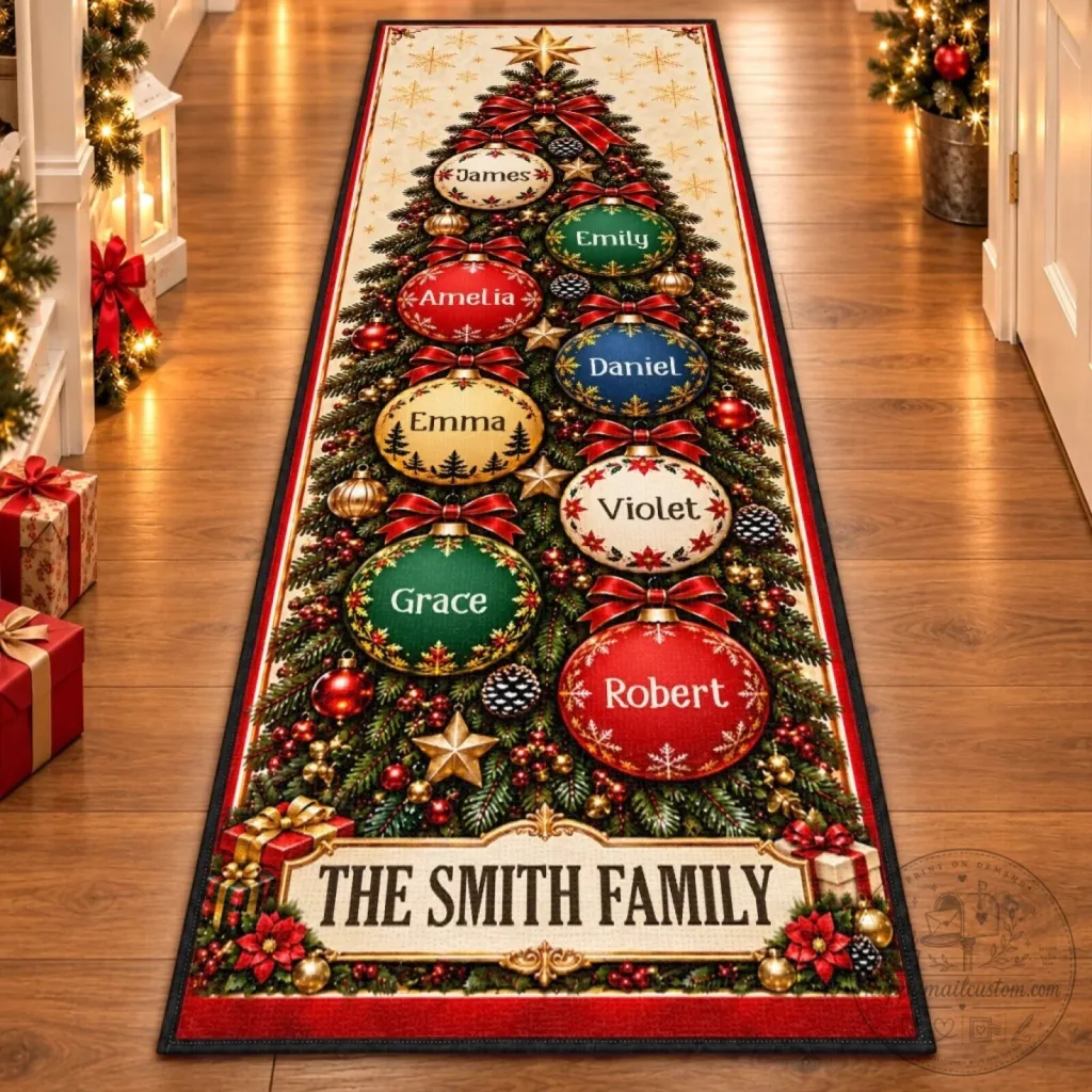 Personalized Christmas Tree Family Name Ornaments Holiday Home Decor Runner Rug Personalized Christmas Tree Family Name Ornaments Holiday Home Decor Runner Rug