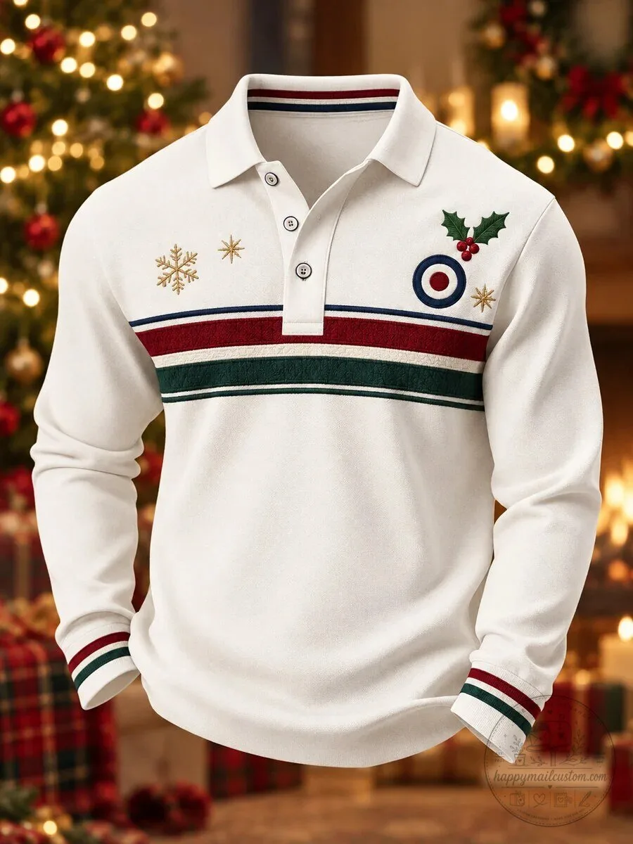 Christmas Mod Target Snowflake Holly Berry Long Sleeve Polo Shirt