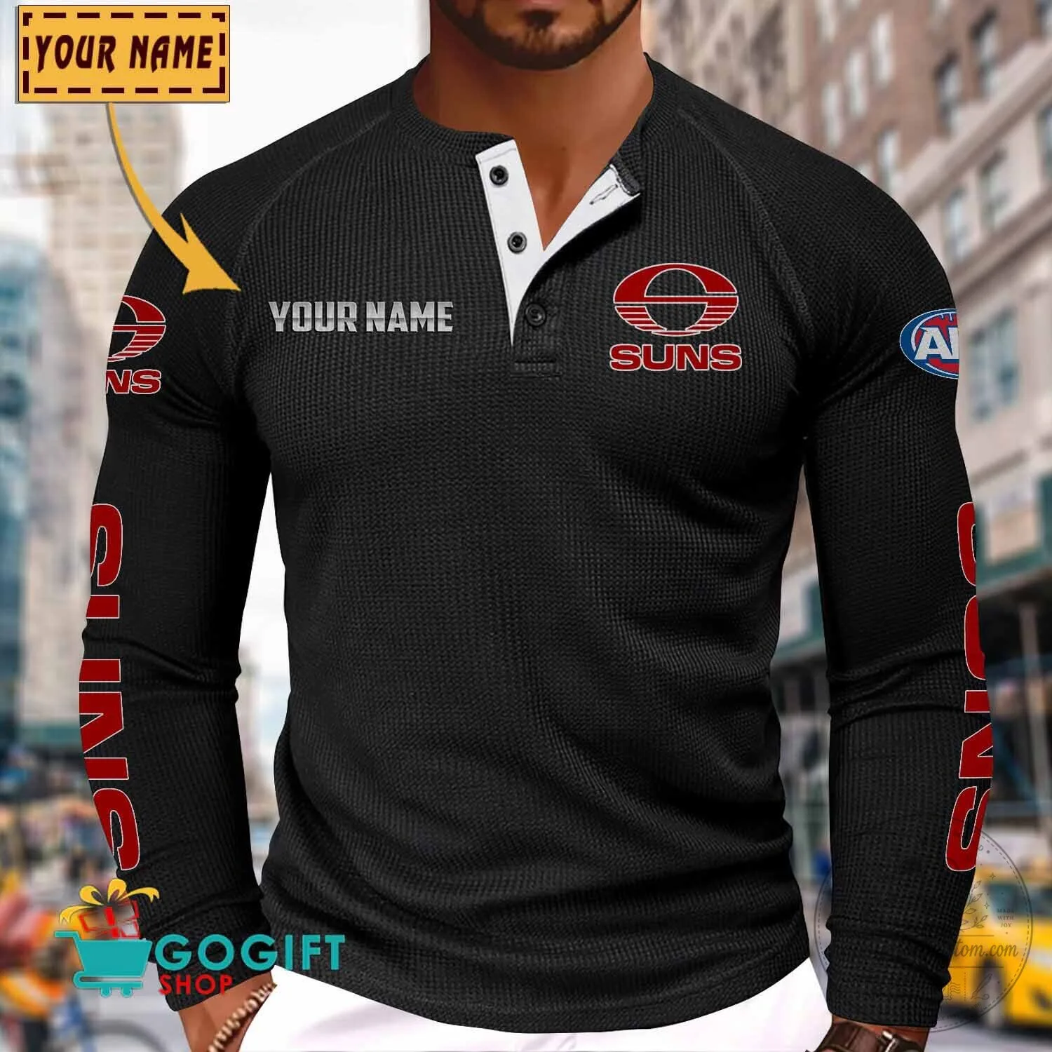 Gold Coast Suns Personalized Long Sleeve Henley Shirt 2 Gold Coast Suns Personalized Long Sleeve Henley Shirt