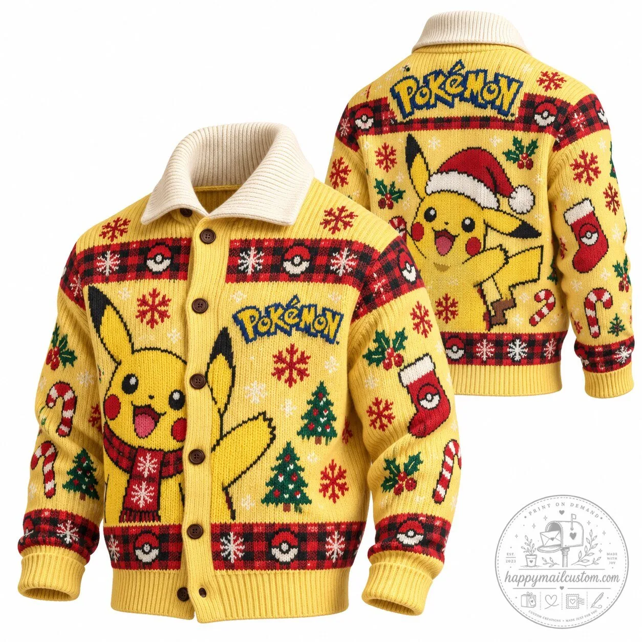 Pokemon Pikachu Christmas Holiday Fair Isle Knit Cardigan Sweater