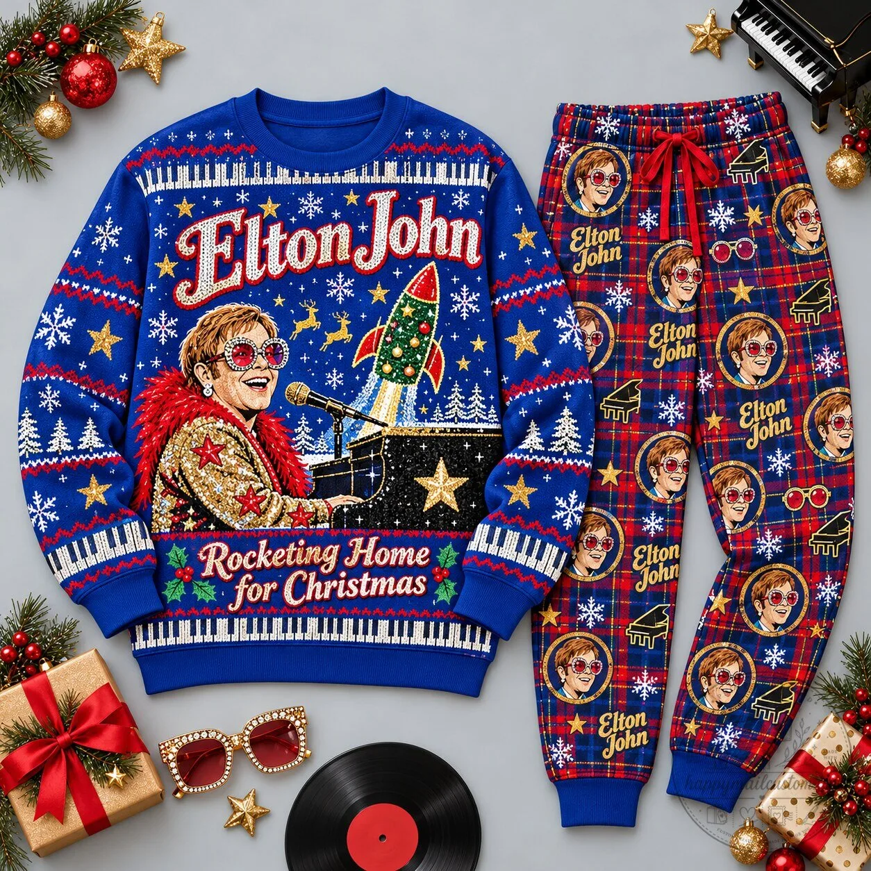 Elton John Rocketing Home for Christmas Blue Festive Graphic Sweatshirt