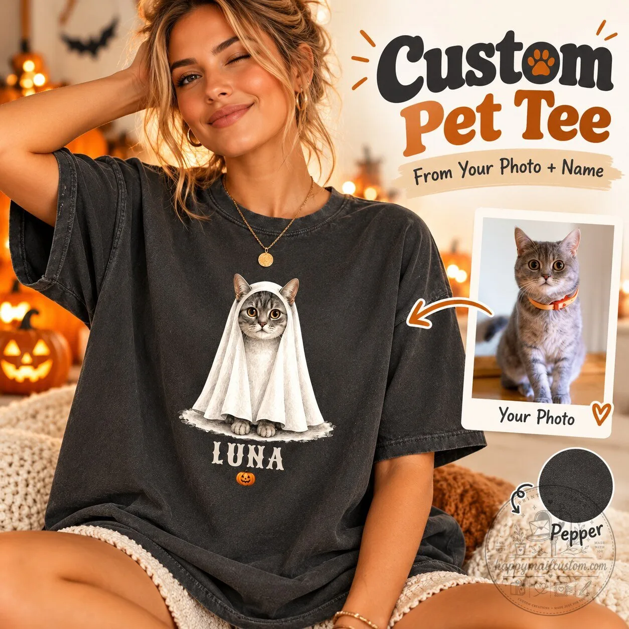Personalized Custom Pet Ghost Halloween T-Shirt for Women