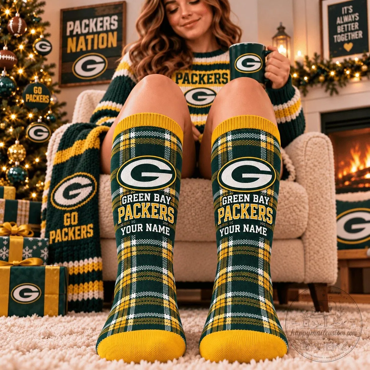 Green Bay Packers Personalized Plaid Pattern Crew Socks for NFL Football Fans