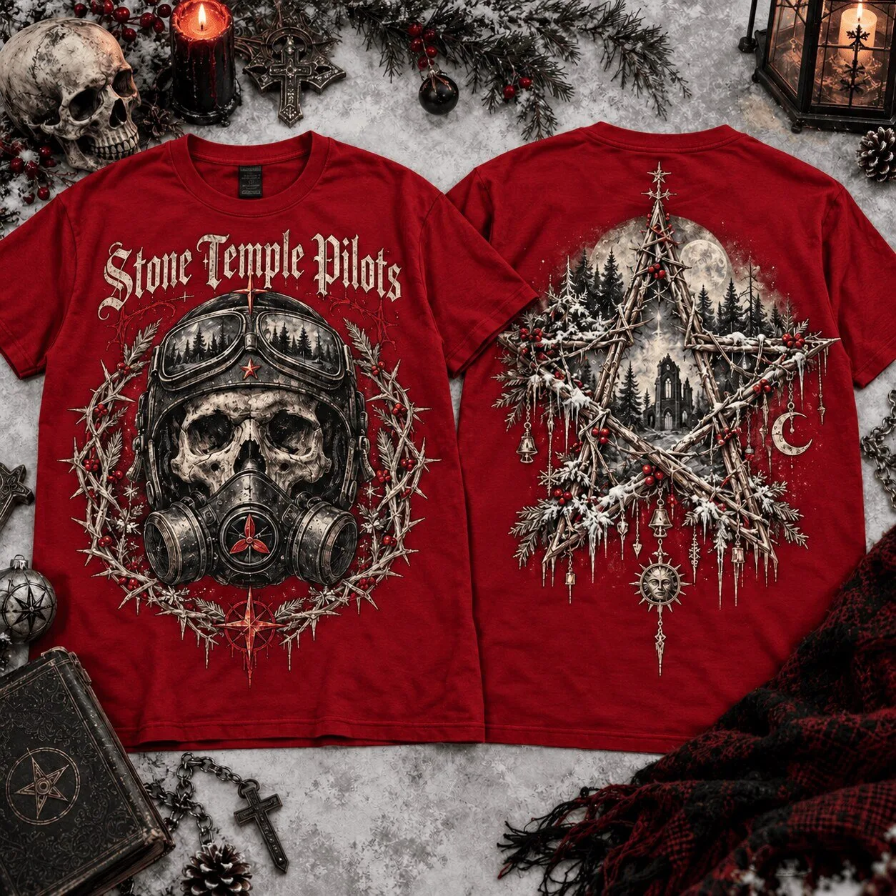 Stone Temple Pilots Gothic Skull Christmas Red T-Shirt