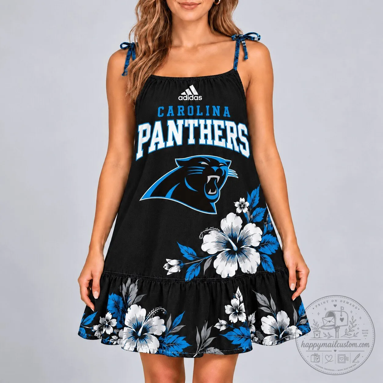 Carolina Panthers Hibiscus Floral Print Sleeveless Ruffle Dress
