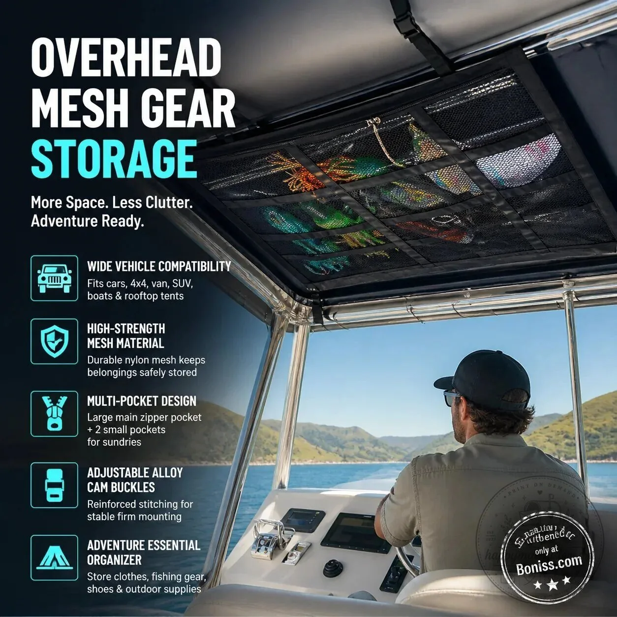 Overhead Mesh Gear Storage Bag for Car, Van, SUV, Boat, and Rooftop Tent 16 Overhead Mesh Gear Storage Bag for Car, Van, SUV, Boat, and Rooftop Tent