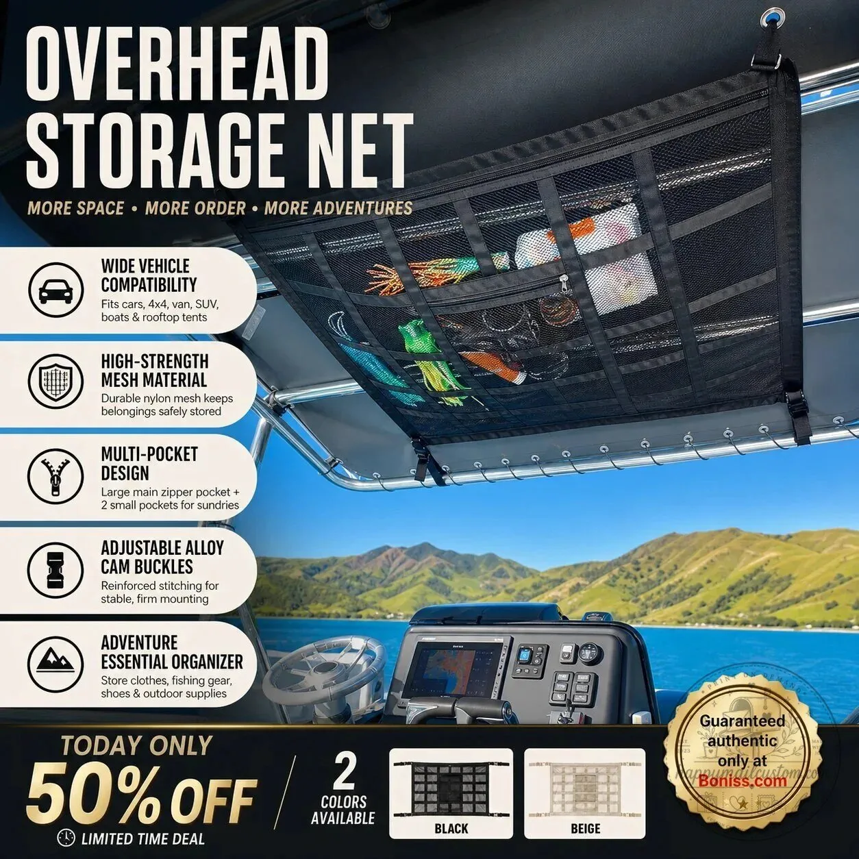 Overhead Mesh Gear Storage Bag for Car, Van, SUV, Boat, and Rooftop Tent 18 Overhead Mesh Gear Storage Bag for Car, Van, SUV, Boat, and Rooftop Tent