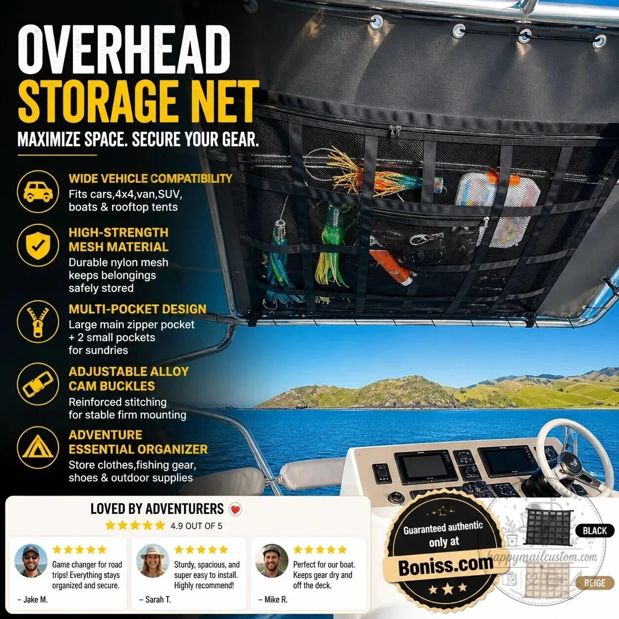 Overhead Mesh Gear Storage Bag for Car, Van, SUV, Boat, and Rooftop Tent 19 Overhead Mesh Gear Storage Bag for Car, Van, SUV, Boat, and Rooftop Tent