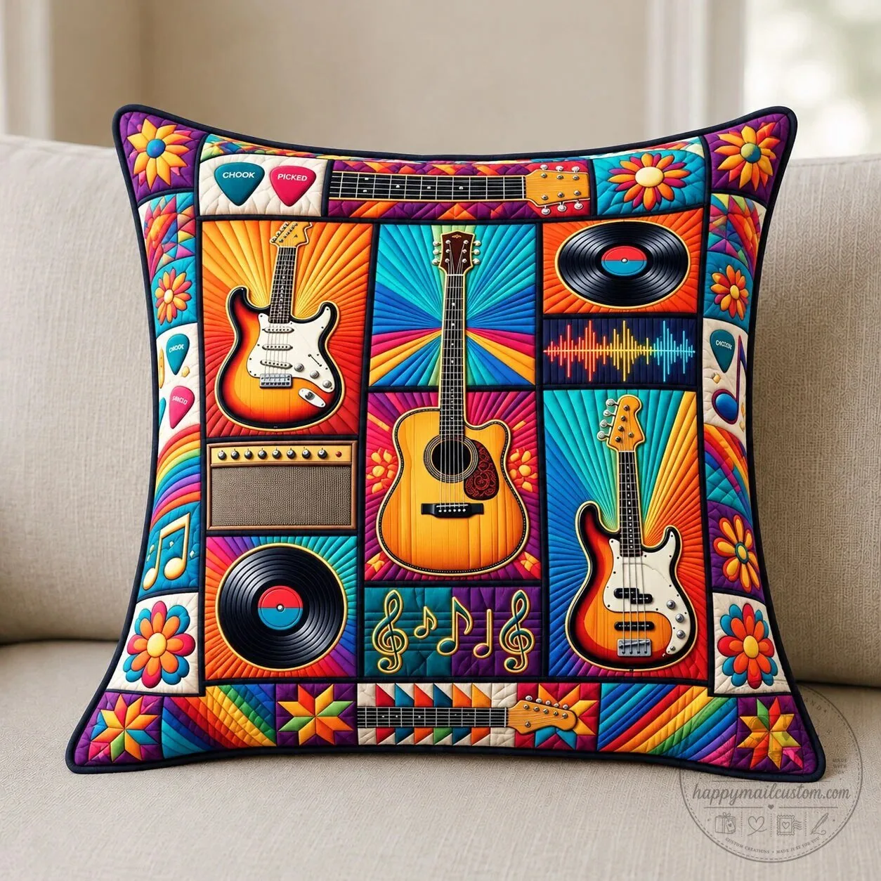 Colorful Guitar Lover Musical Instruments Decorative Throw Pillow