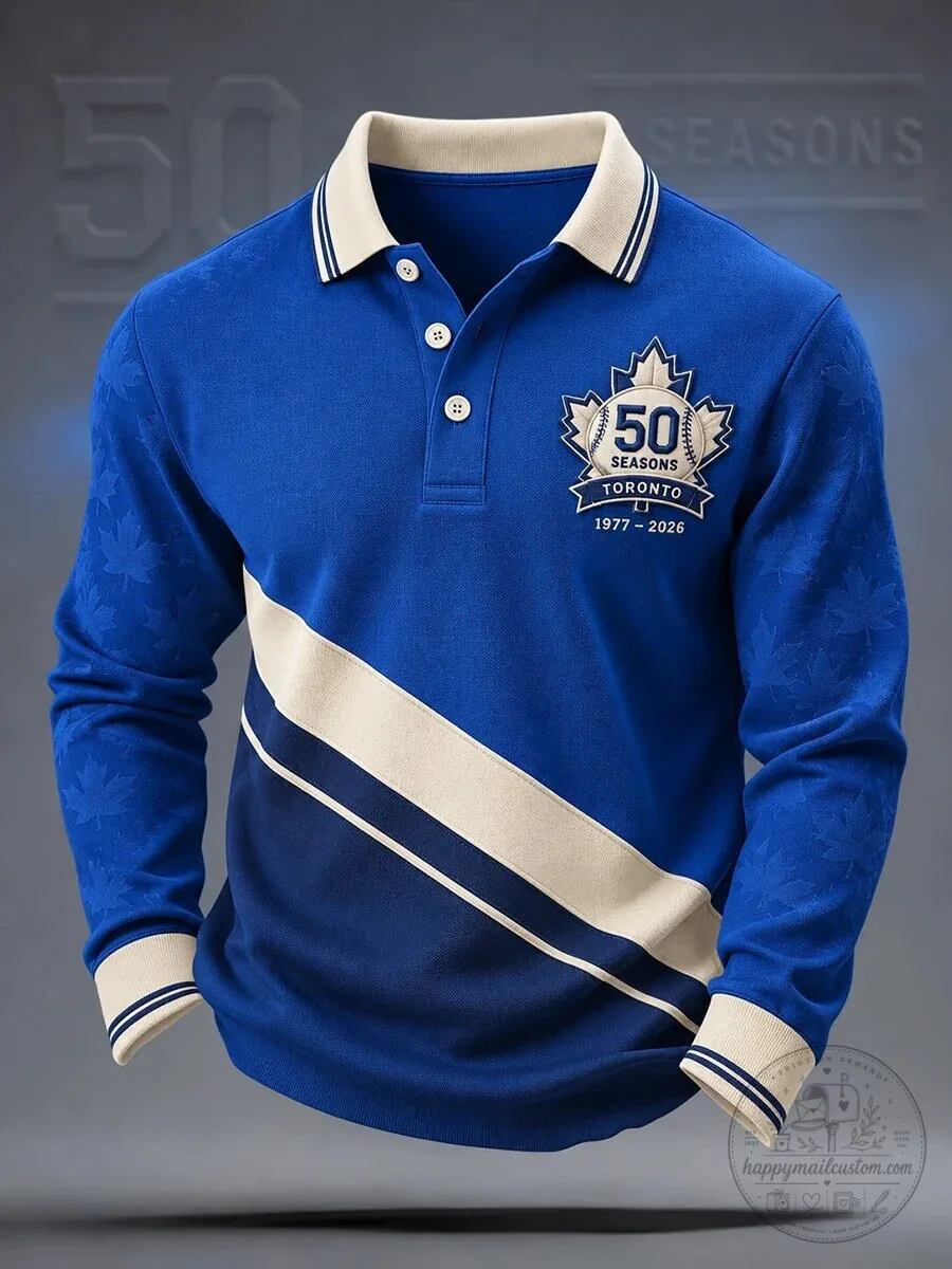 Toronto Blue Jays 50 Seasons Anniversary Baseball Fan Long-Sleeve Polo Shirt
