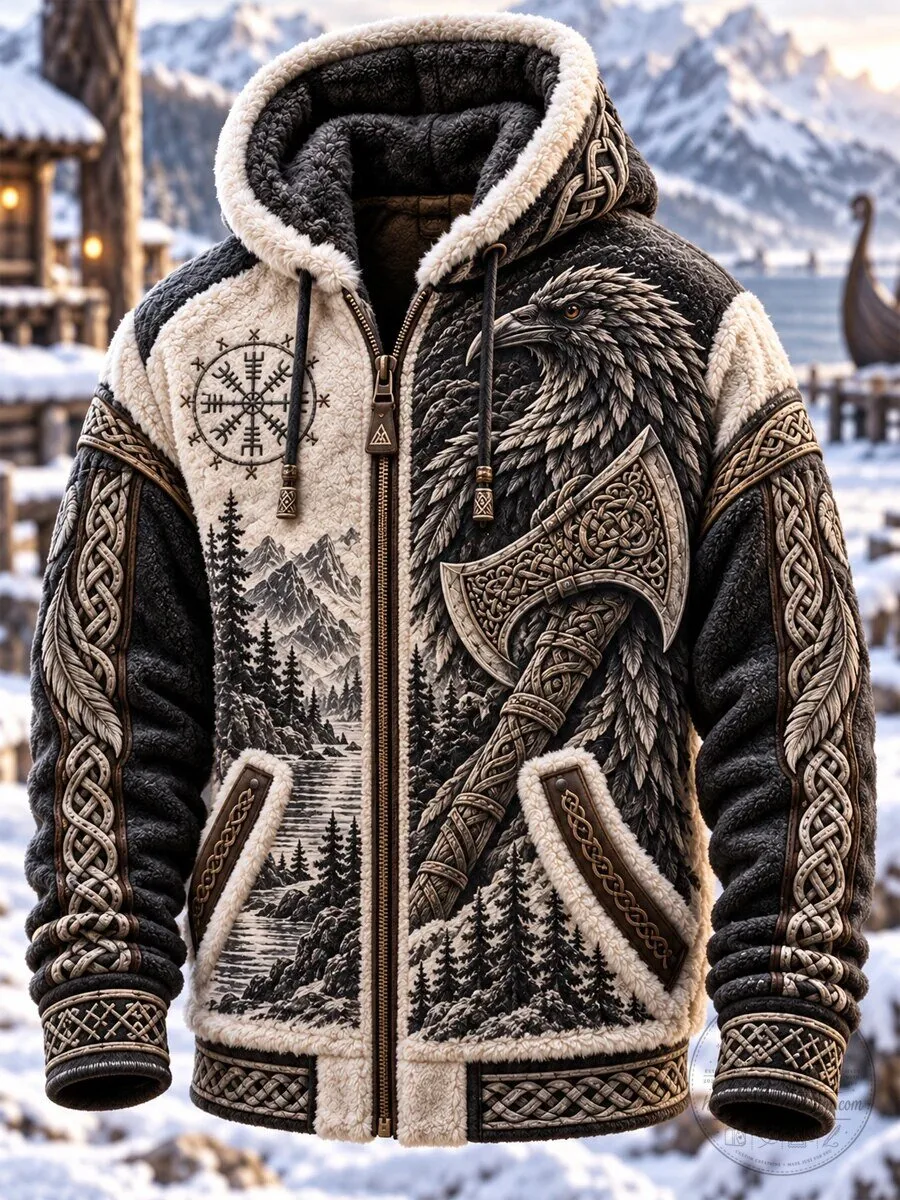 Viking Axe and Raven Nordic Runes Winter Fleece Jacket 2 Viking Axe and Raven Nordic Runes Winter Fleece Jacket