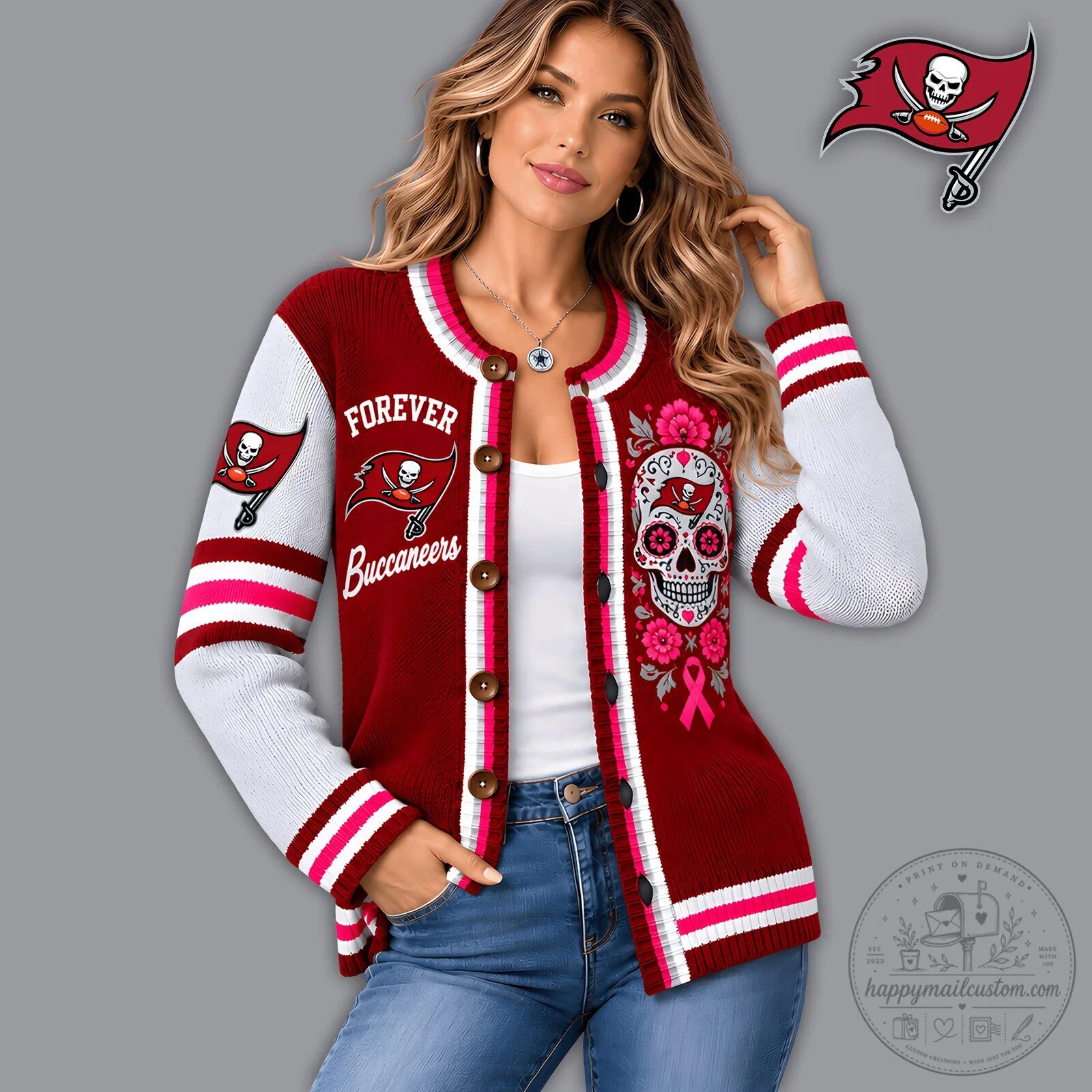 Tampa Bay Buccaneers Floral Skull Knit Cardigan Sweater 2 Tampa Bay Buccaneers Floral Skull Knit Cardigan Sweater