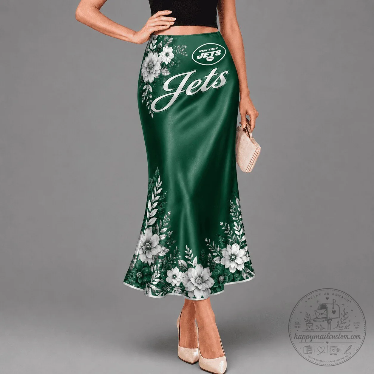 New York Jets Floral Print High-Waisted Satin Maxi Skirt for Women