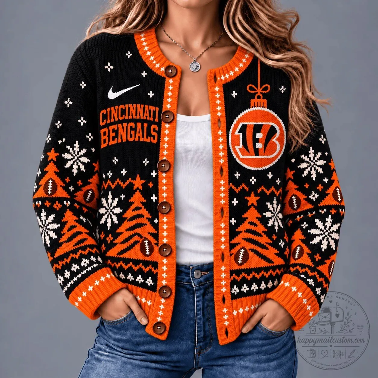 Cincinnati Bengals Christmas Snowflake Tree Pattern Cardigan Sweater 1 Cincinnati Bengals Christmas Snowflake Tree Pattern Cardigan Sweater