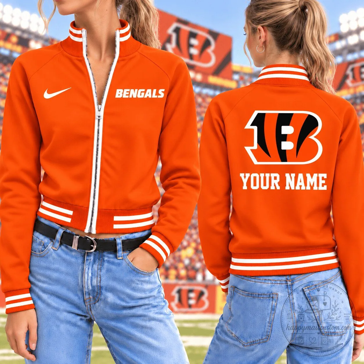Cincinnati Bengals Custom Name Orange Full-Zip Bomber Jacket 1 Cincinnati Bengals Custom Name Orange Full-Zip Bomber Jacket