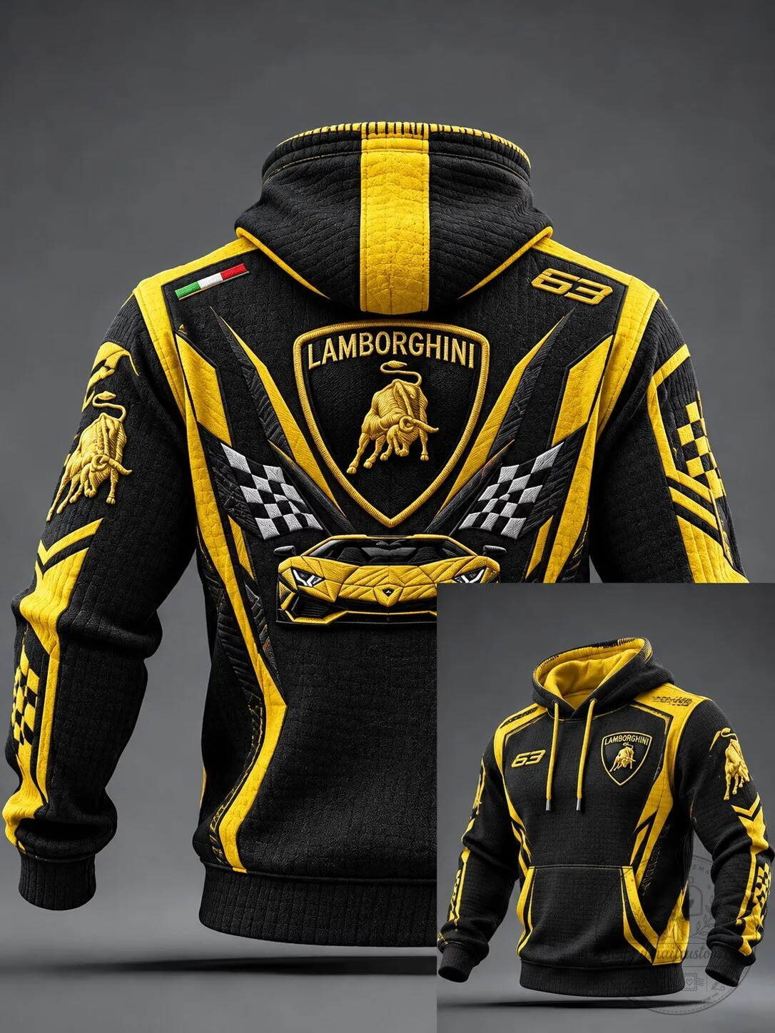 Lamborghini Black and Yellow Racing Car Design Hoodie with Drawstring