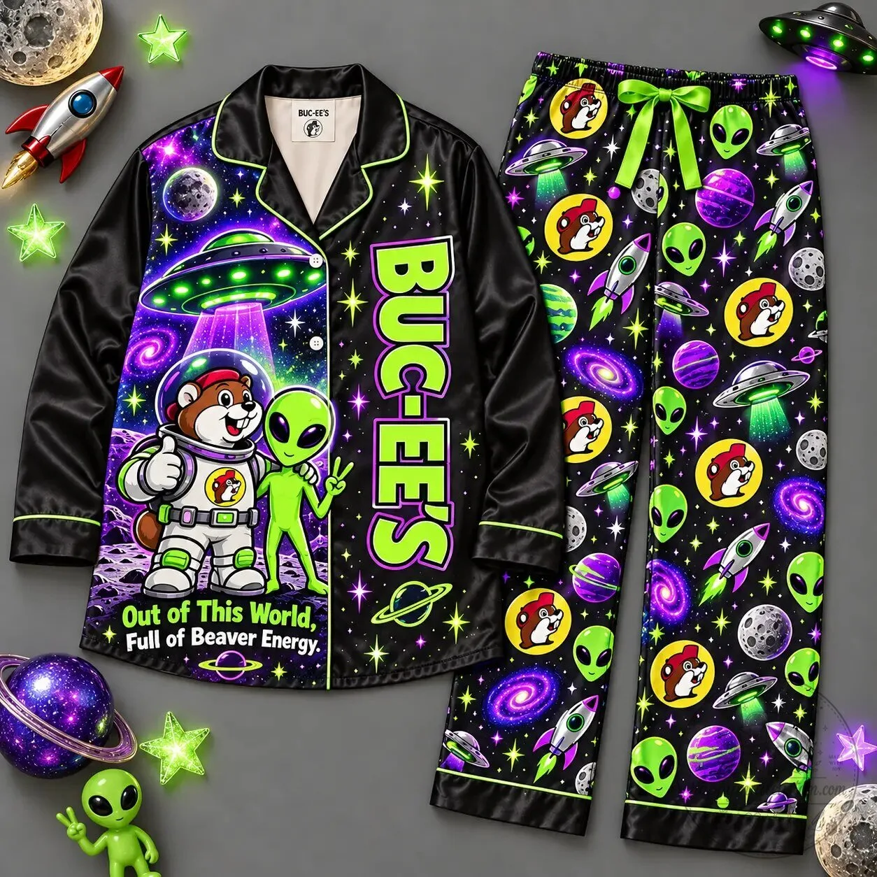 Buc-ee’s Pajamas Set with Neon Outer Space Astronaut Alien Print