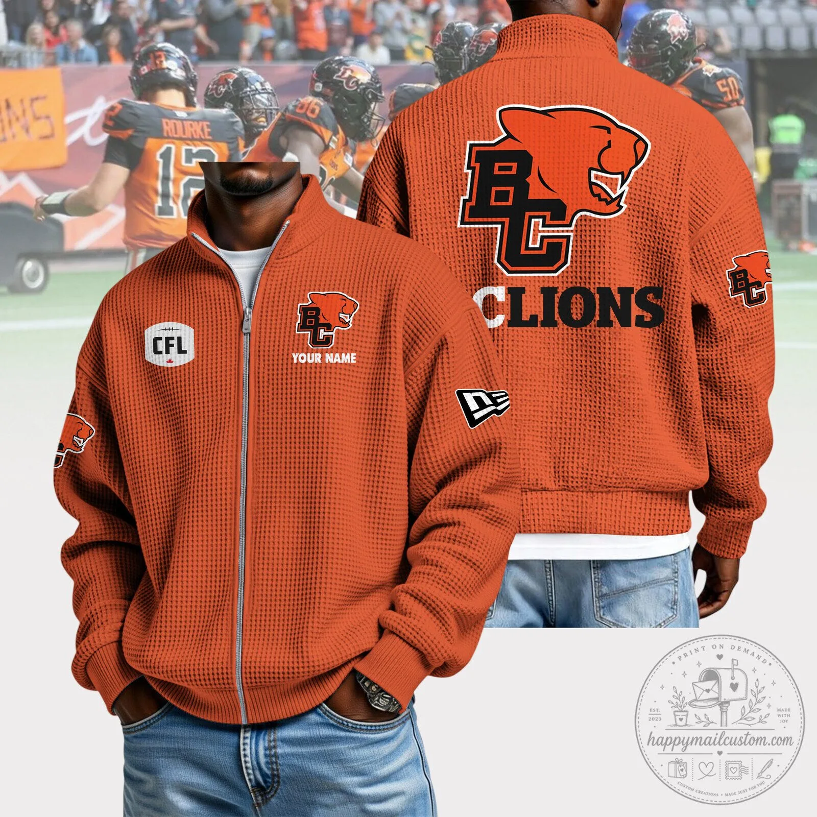 British Columbia Lions Personalized CFL Orange Waffle Knit Bomber Jacket