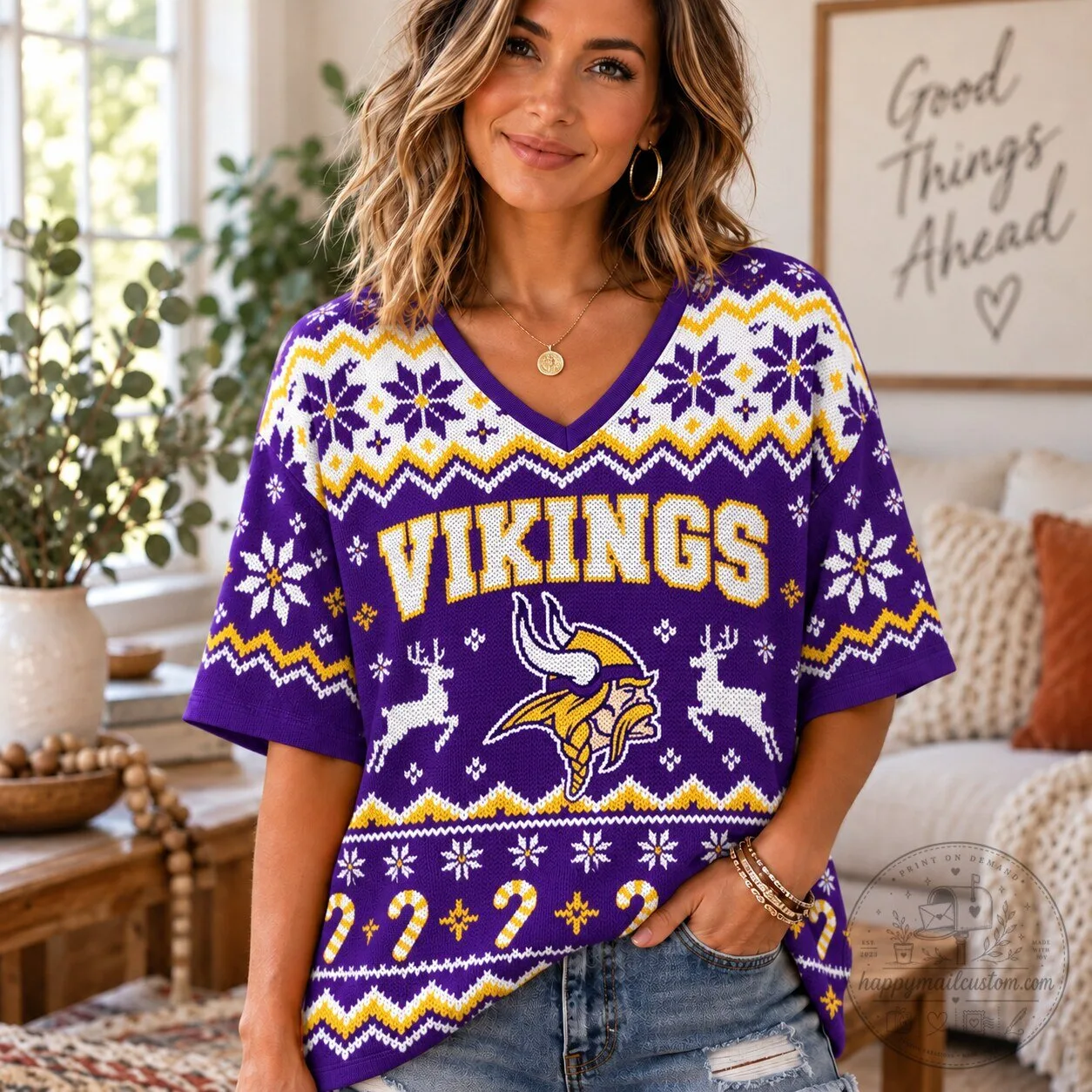Minnesota Vikings Ugly Christmas Sweater Style V-Neck Short Sleeve Top 1 Minnesota Vikings Ugly Christmas Sweater Style V-Neck Short Sleeve Top