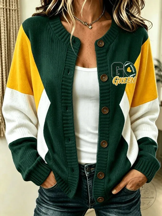 Green Bay Packers Football Go Green Womens Button Up Knit Cardigan Sweater