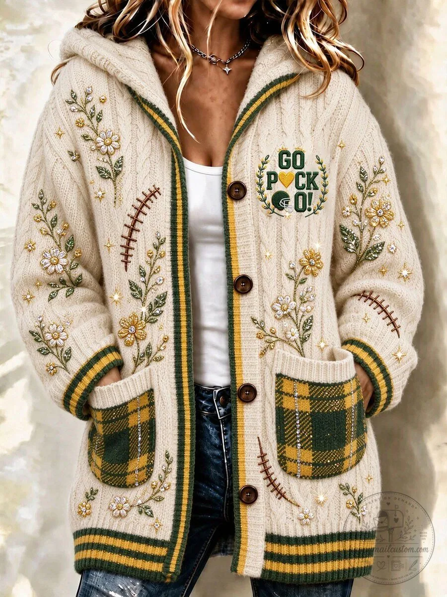 Green Bay Packers Embroidered Floral Cable Knit Hooded Cardigan Sweater