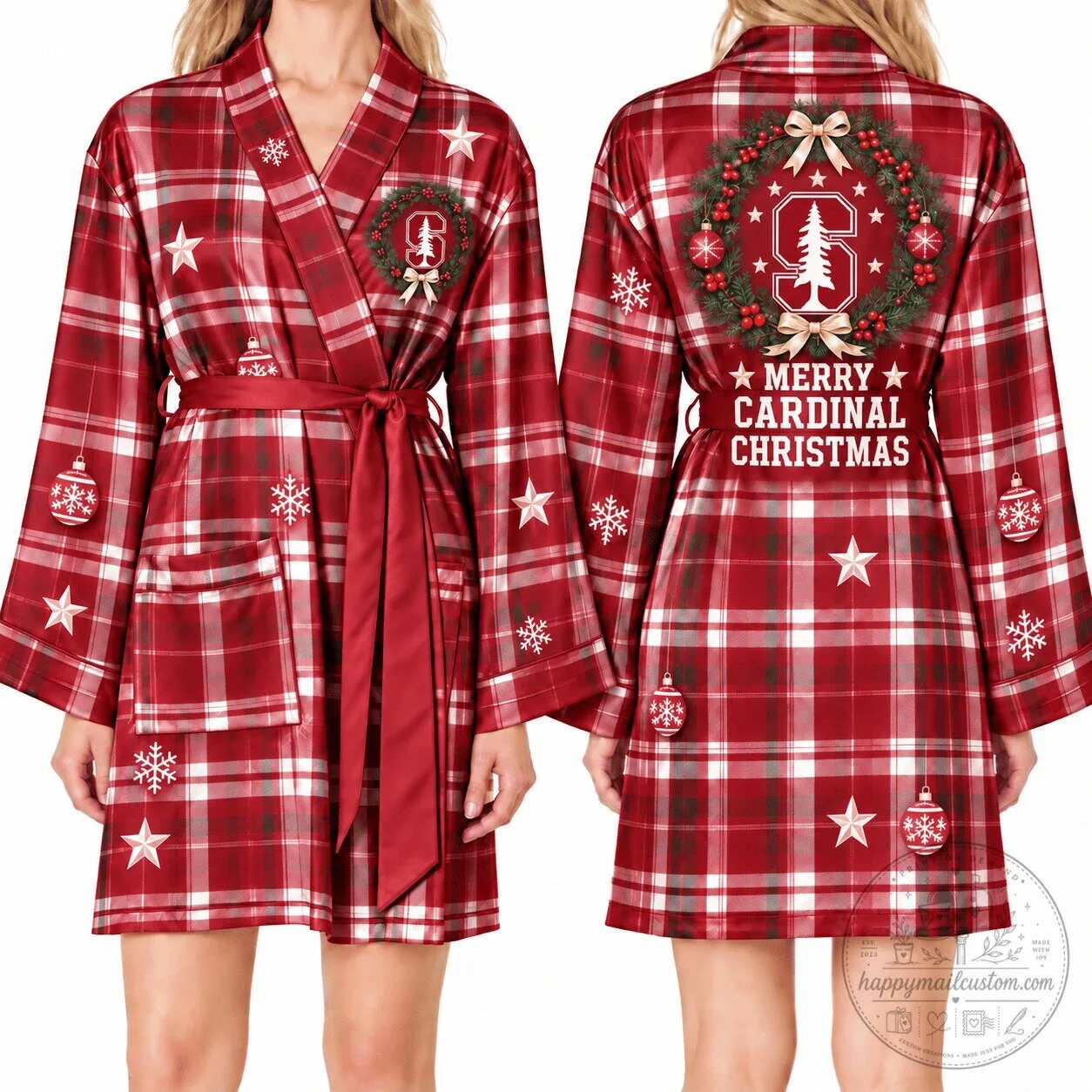 Stanford Cardinal Merry Christmas Plaid Women's Satin Robe