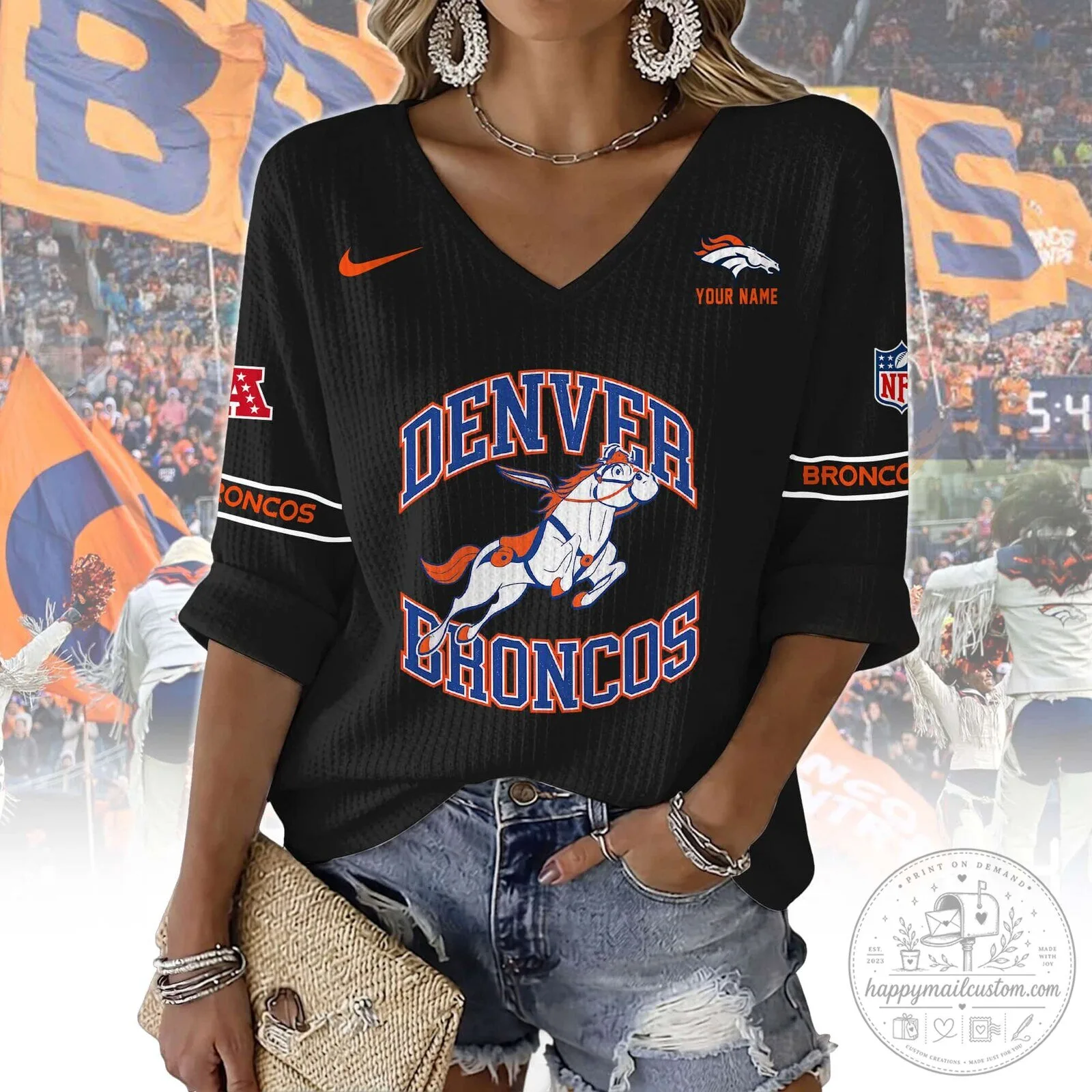 Denver Broncos Women's V-Neck Long Sleeve Shirt 10 Denver Broncos Women