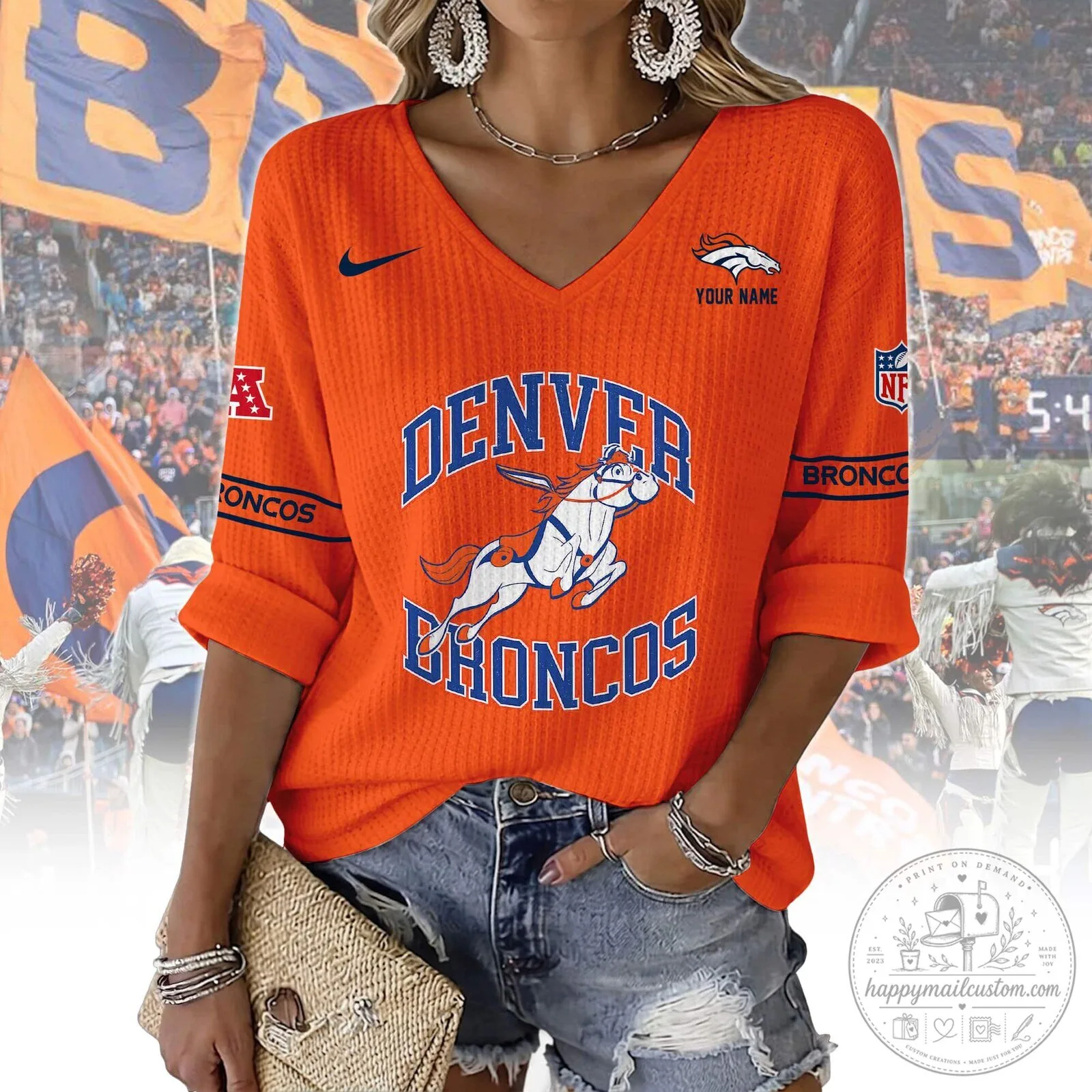 Denver Broncos Women's V-Neck Long Sleeve Shirt 11 Denver Broncos Women