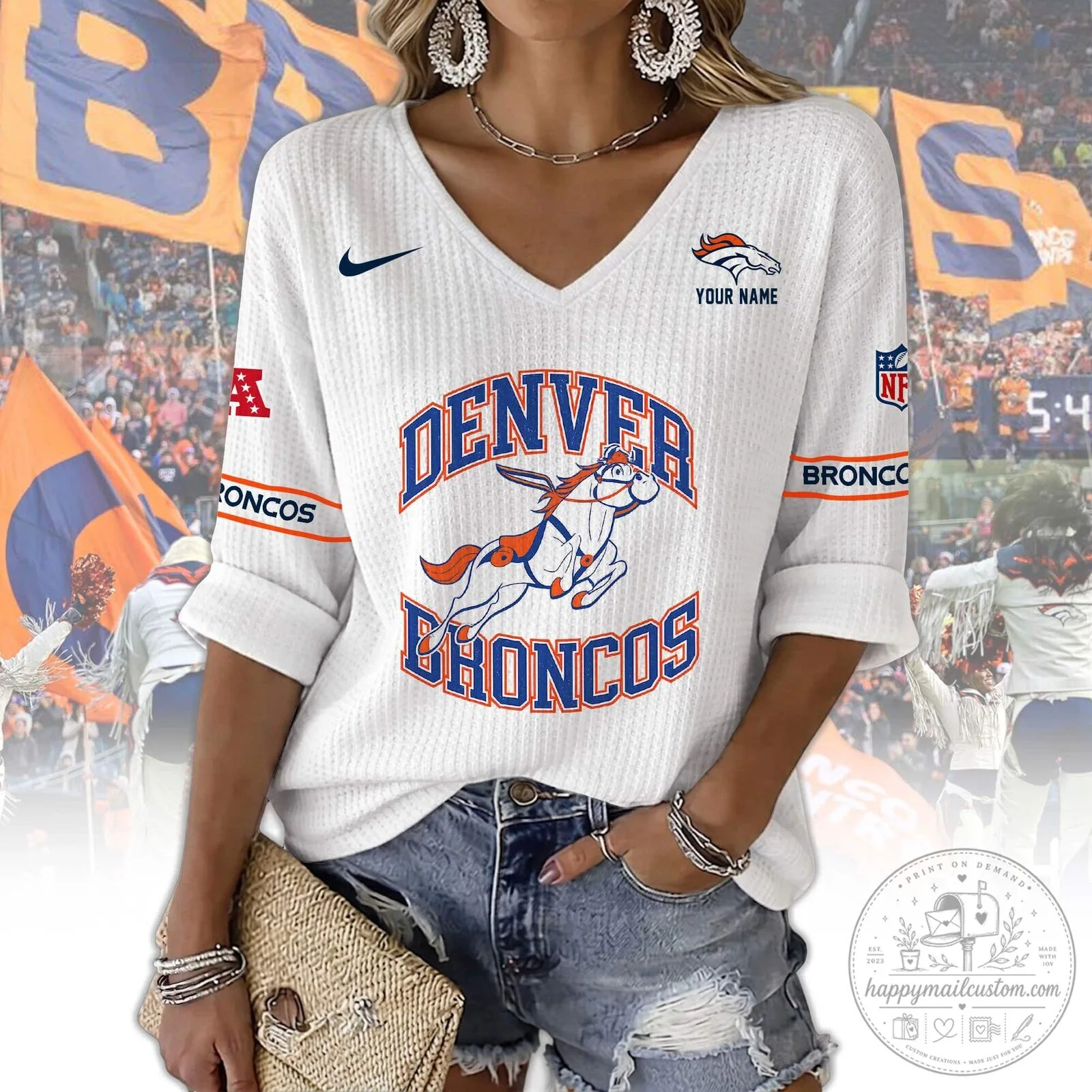Denver Broncos Women's V-Neck Long Sleeve Shirt 12 Denver Broncos Women