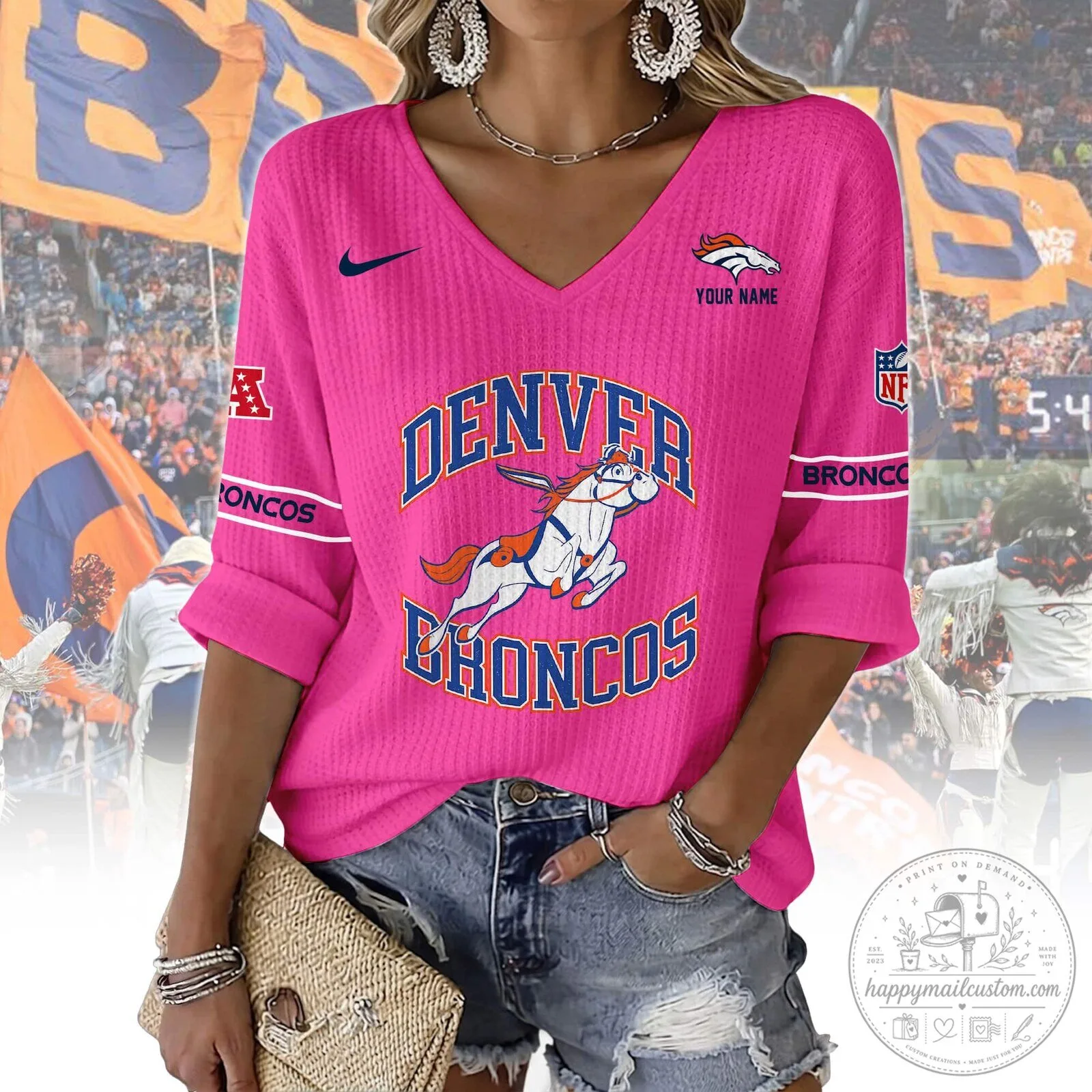 Denver Broncos Women's V-Neck Long Sleeve Shirt 13 Denver Broncos Women